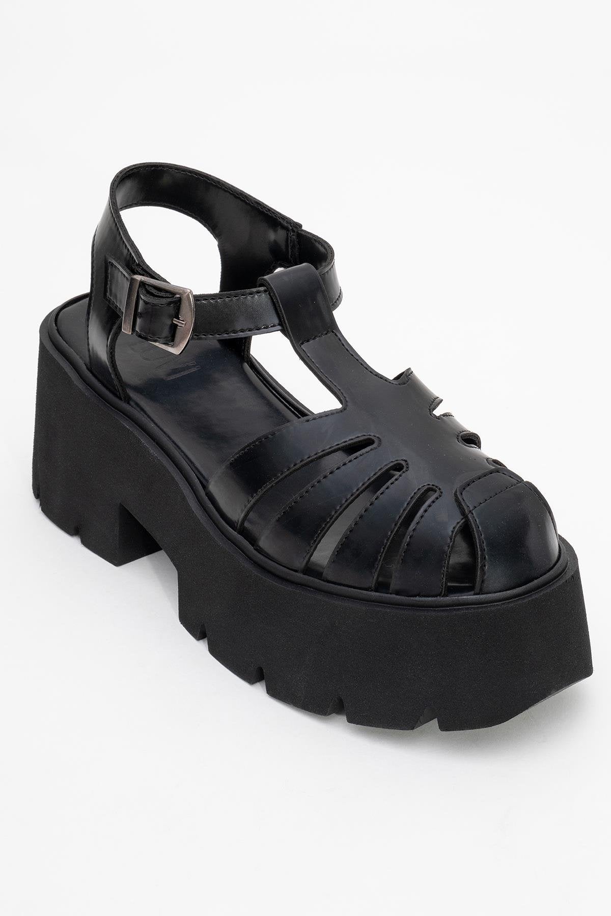 Verua - Black Platform Sandal – detail view showing leather, black, Vowalisse