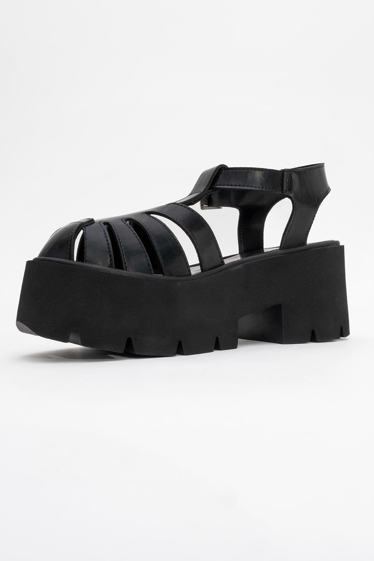 Verua - Black Platform Sandal – heel view showing leather, black, Vowalisse