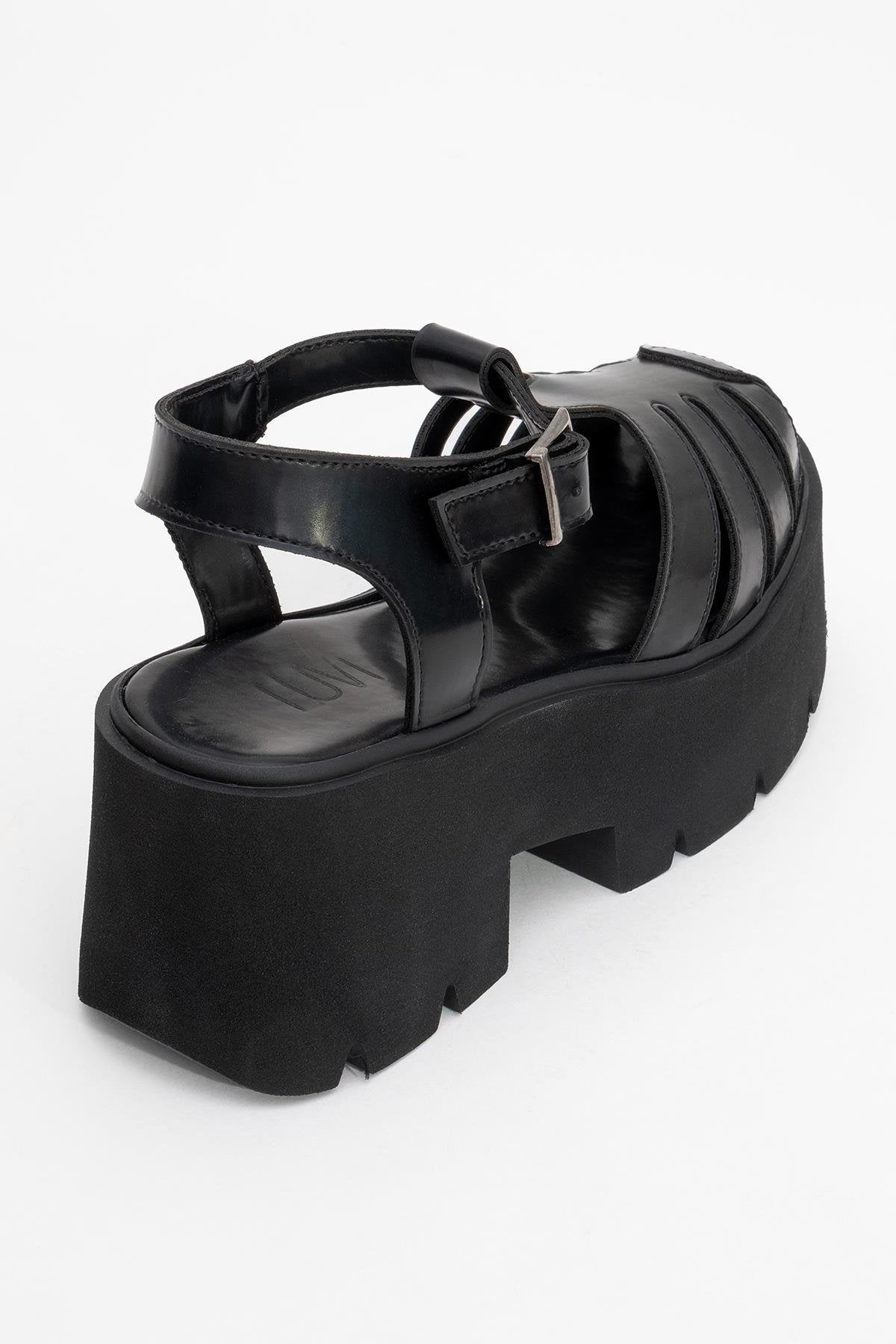 Verua - Black Platform Sandal – back view showing leather, black, Vowalisse