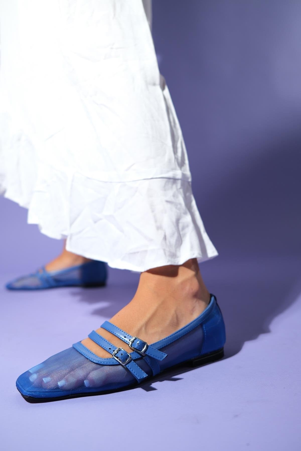 Ashley - Blue Mesh Ballet Flat – heel view showing leather, mesh, blue, Vowalisse