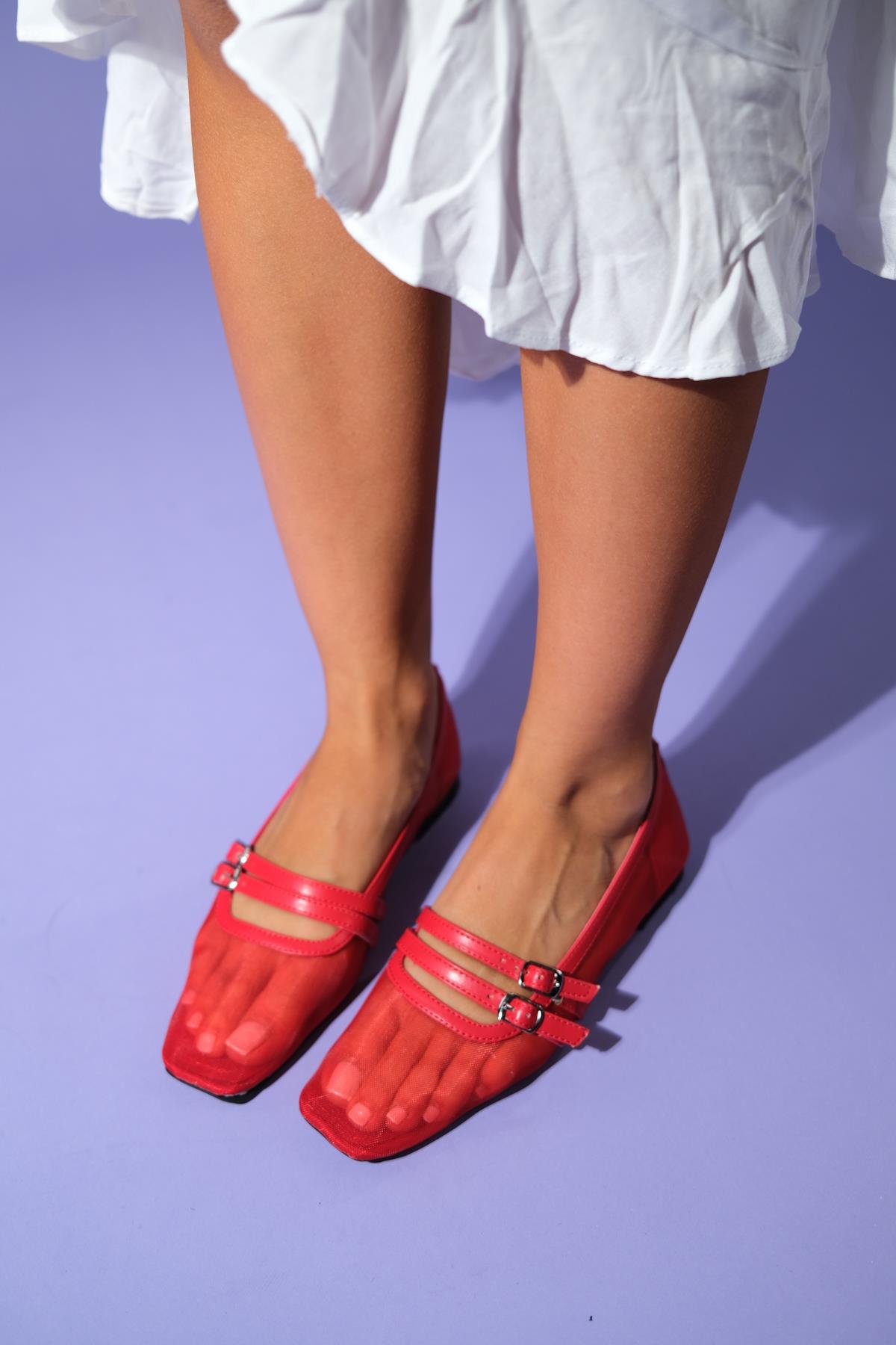 Ashley - Red Mesh Ballet Flat – front three-quarter view showing leather, mesh, red, Vowalisse
