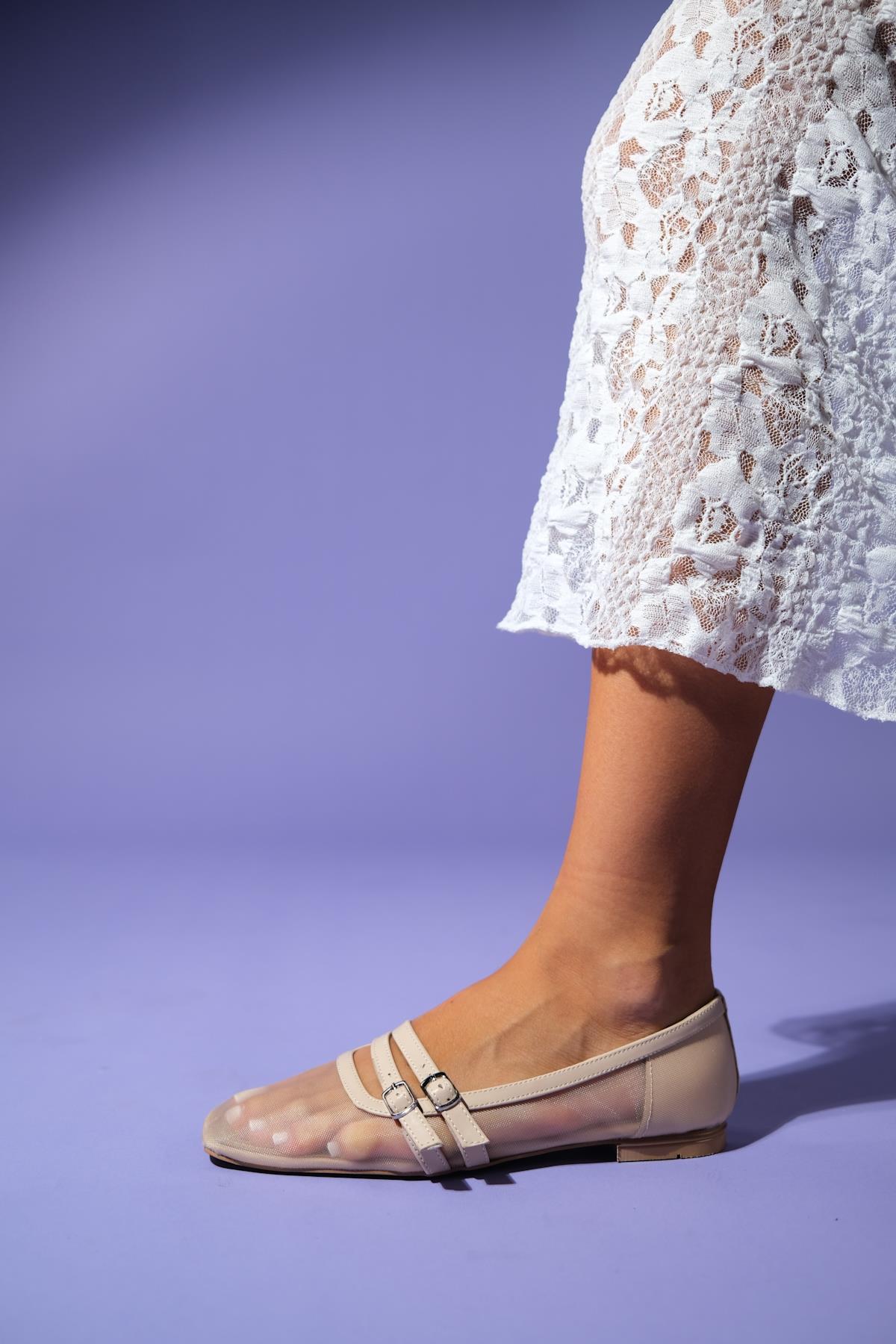 Ashley - Beige Mesh Ballet Flat – detail view showing leather, mesh, Vowalisse