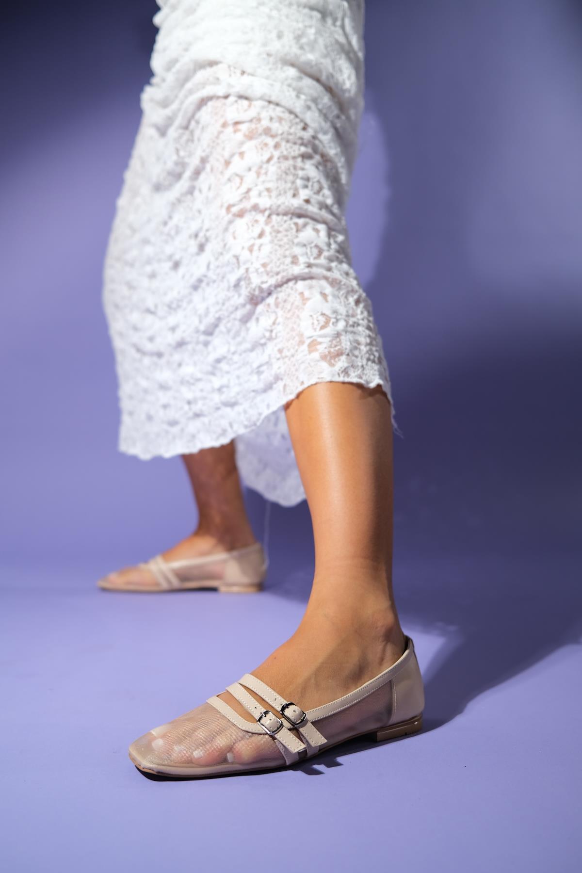 Ashley - Beige Mesh Ballet Flat – back view showing leather, mesh, Vowalisse