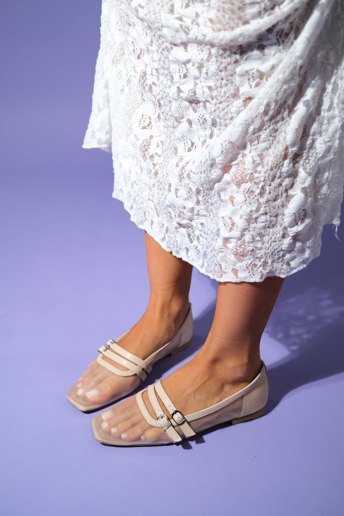 Ashley - Beige Mesh Ballet Flat – top view showing leather, mesh, Vowalisse