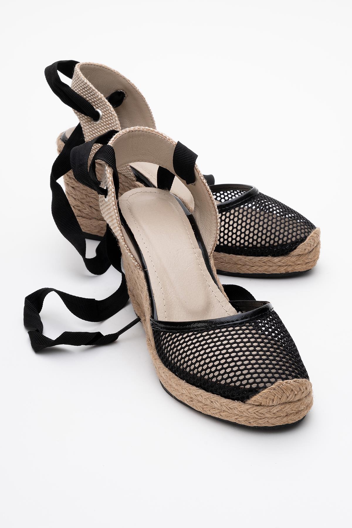 Lions - Black Mesh Leather Wedge Espadrilles Sandal – front three-quarter view showing leather, mesh, black, Vowalisse