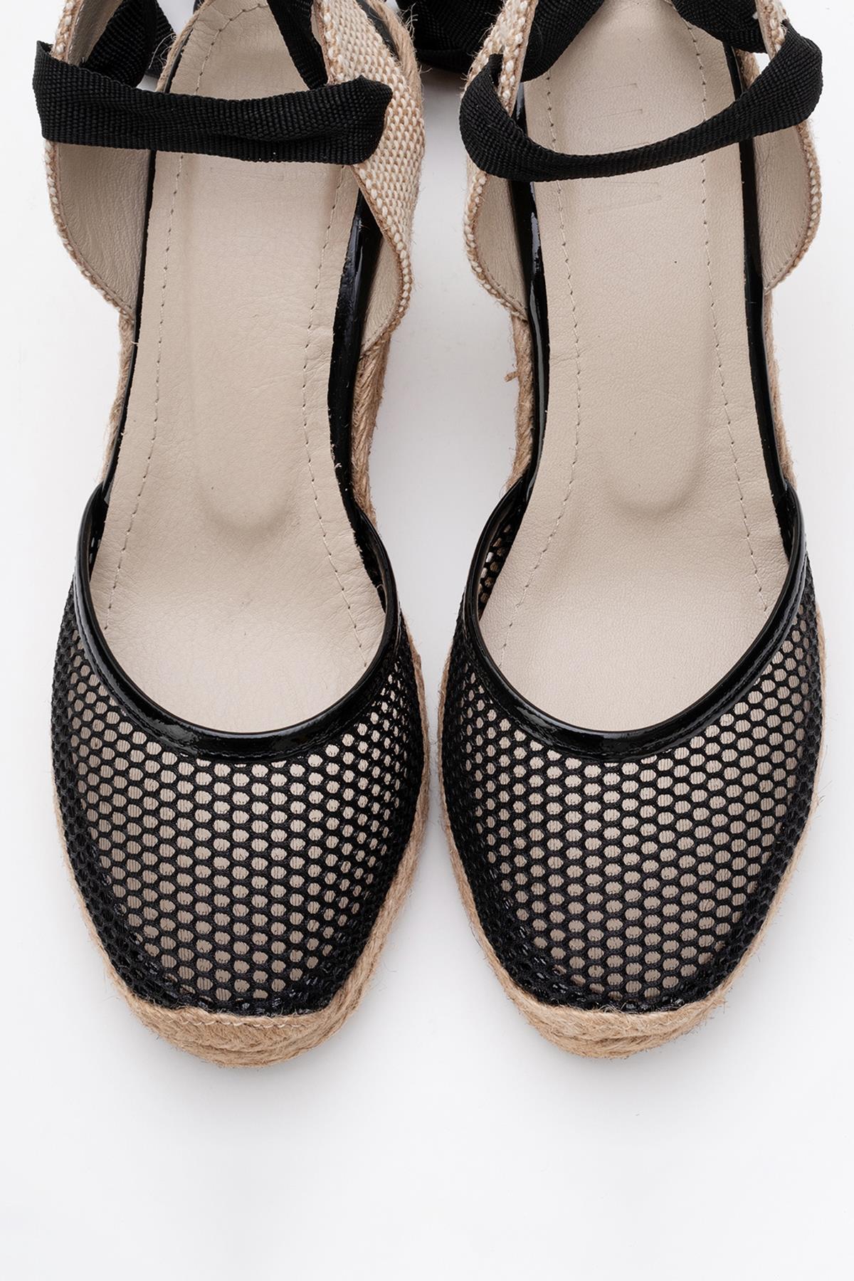 Lions - Black Mesh Leather Wedge Espadrilles Sandal – side view showing leather, mesh, black, Vowalisse