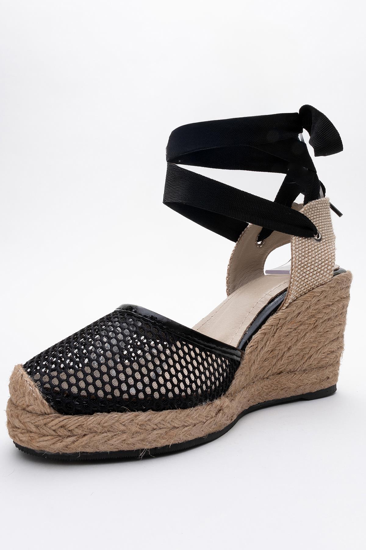 Lions - Black Mesh Leather Wedge Espadrilles Sandal – heel view showing leather, mesh, black, Vowalisse