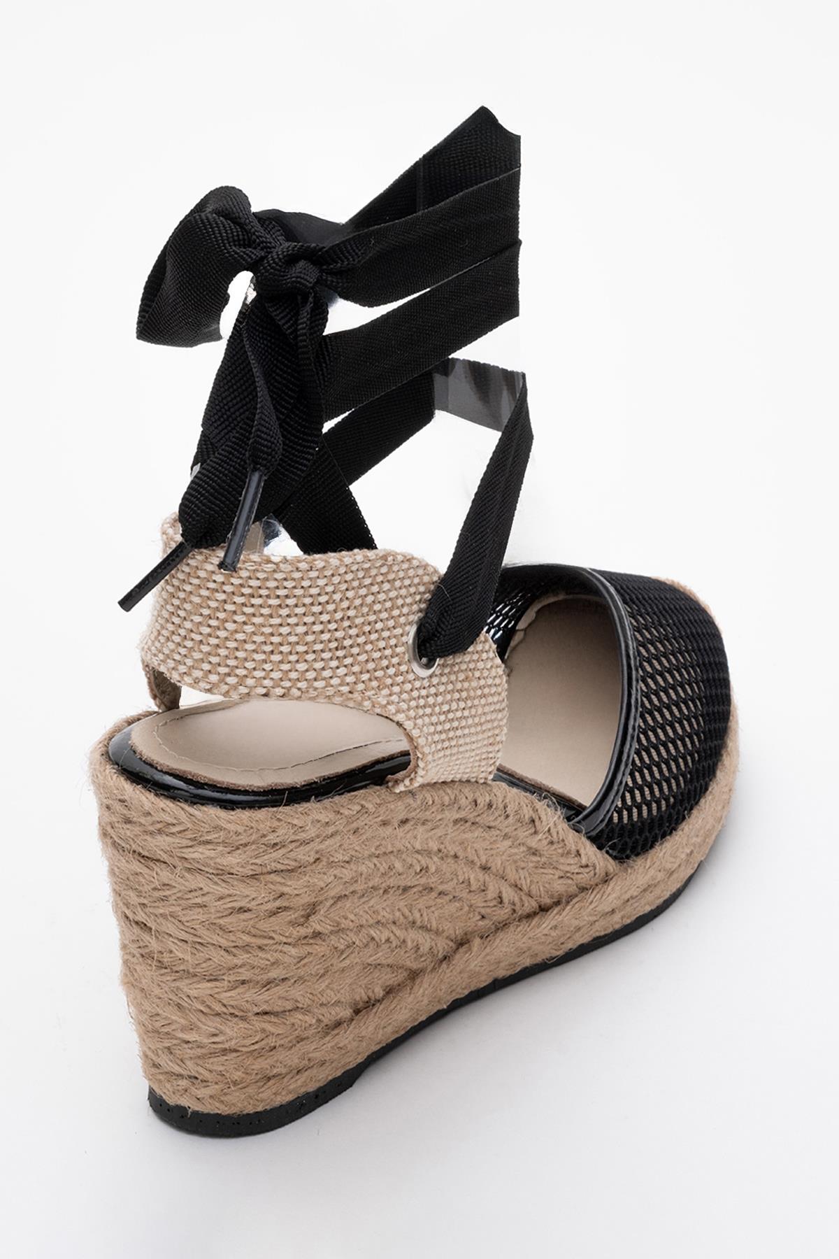 Lions - Black Mesh Leather Wedge Espadrilles Sandal – back view showing leather, mesh, black, Vowalisse