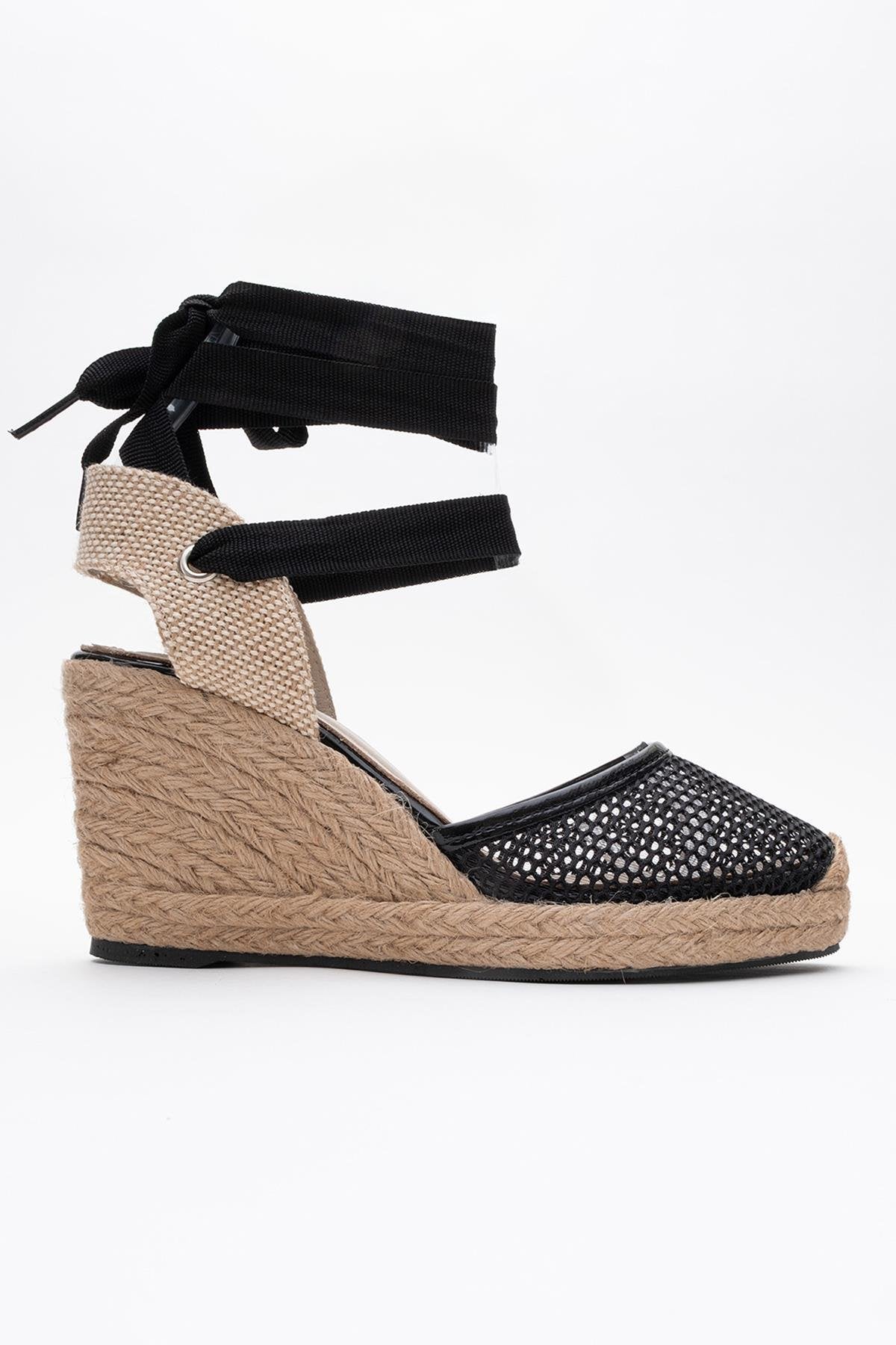 Lions - Black Mesh Leather Wedge Espadrilles Sandal – top view showing leather, mesh, black, Vowalisse