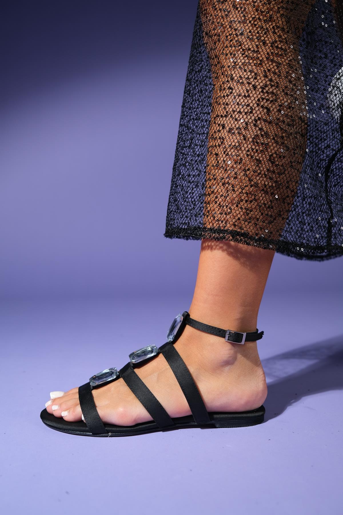 Never - Black Satin Embellished Sandal – top view showing satin, leather, black, Vowalisse