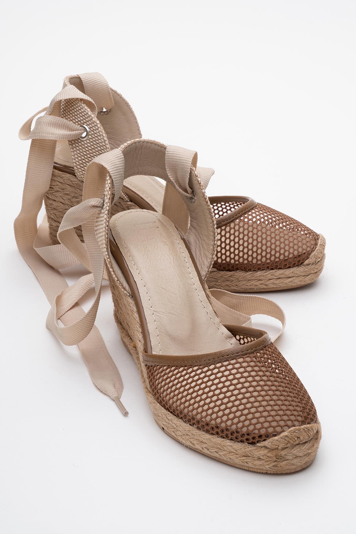 Lions - Cognac Brown Mesh Leather Wedge Espadrilles Sandal – front three-quarter view showing leather, mesh, Vowalisse