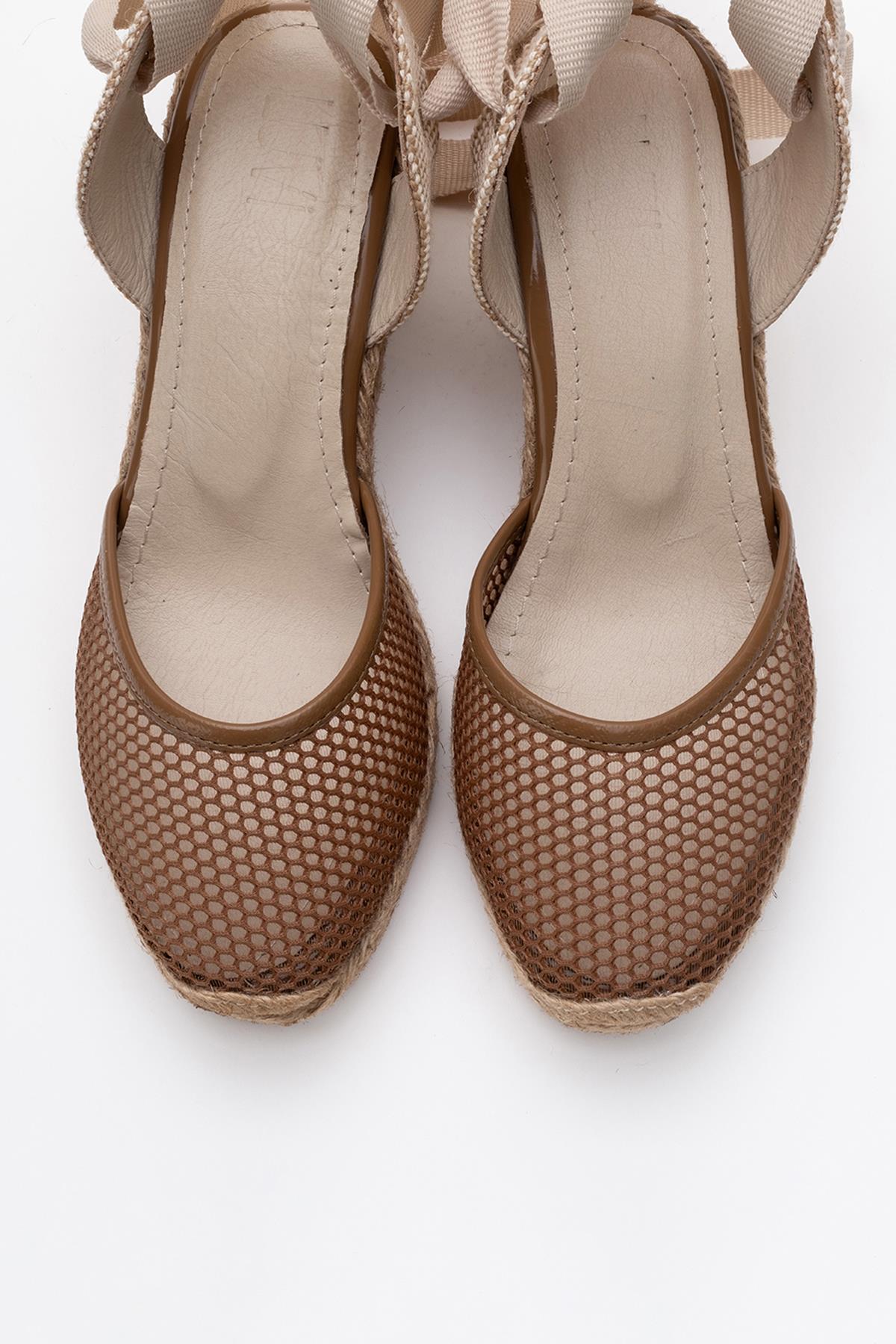 Lions - Cognac Brown Mesh Leather Wedge Espadrilles Sandal – side view showing leather, mesh, Vowalisse