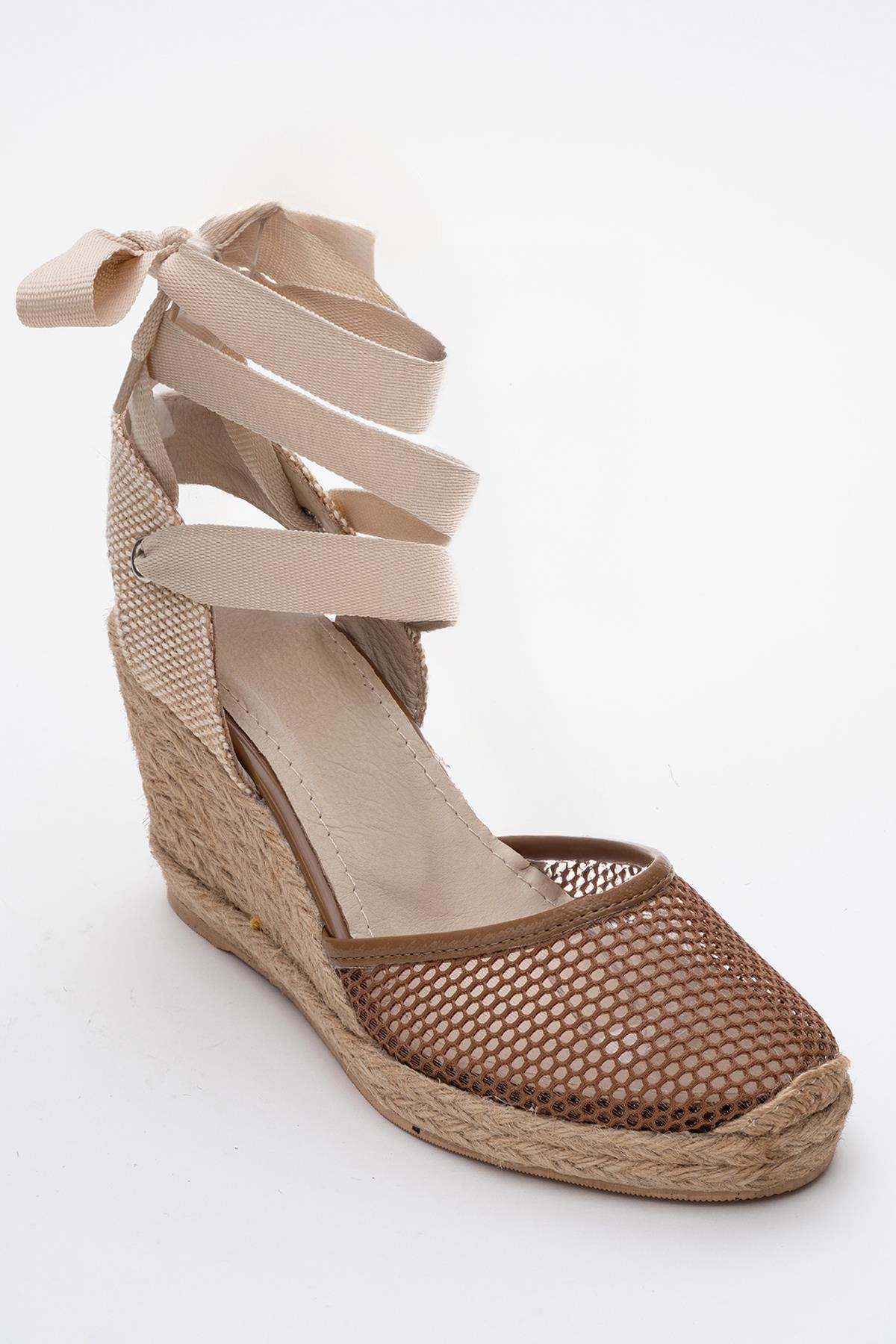 Lions - Cognac Brown Mesh Leather Wedge Espadrilles Sandal – detail view showing leather, mesh, Vowalisse