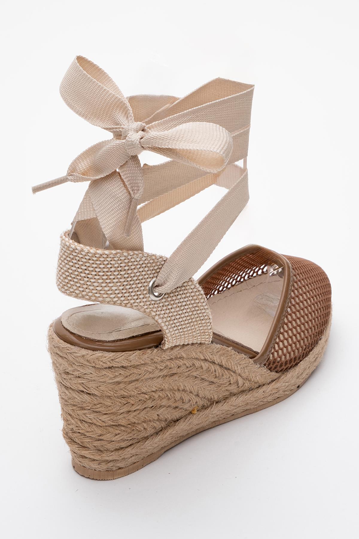 Lions - Cognac Brown Mesh Leather Wedge Espadrilles Sandal – heel view showing leather, mesh, Vowalisse