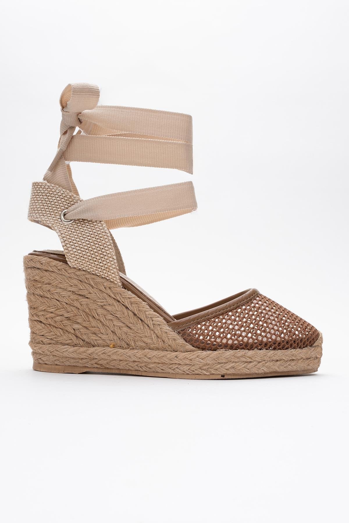Lions - Cognac Brown Mesh Leather Wedge Espadrilles Sandal – back view showing leather, mesh, Vowalisse