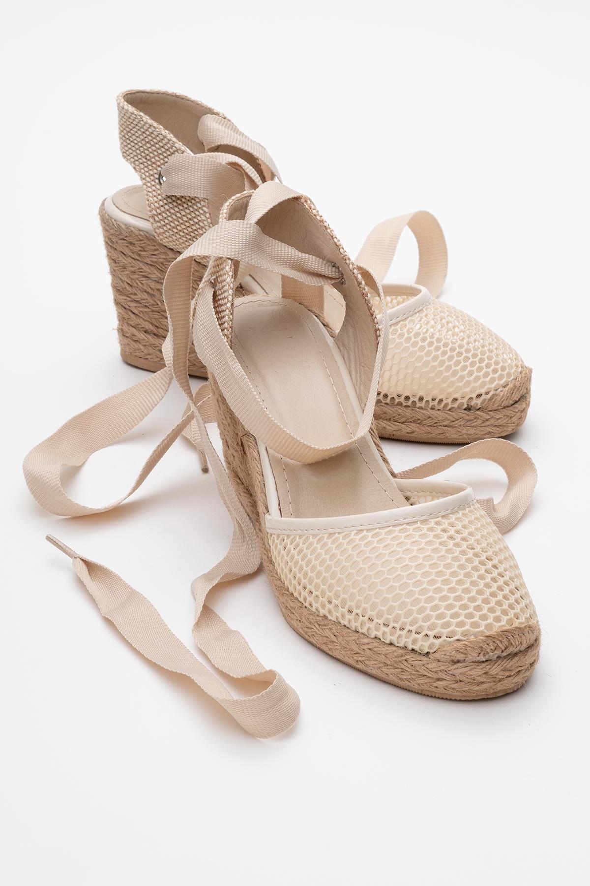 Lions - Beige Mesh Leather Wedge Espadrilles Sandal – front three-quarter view showing leather, mesh, Vowalisse