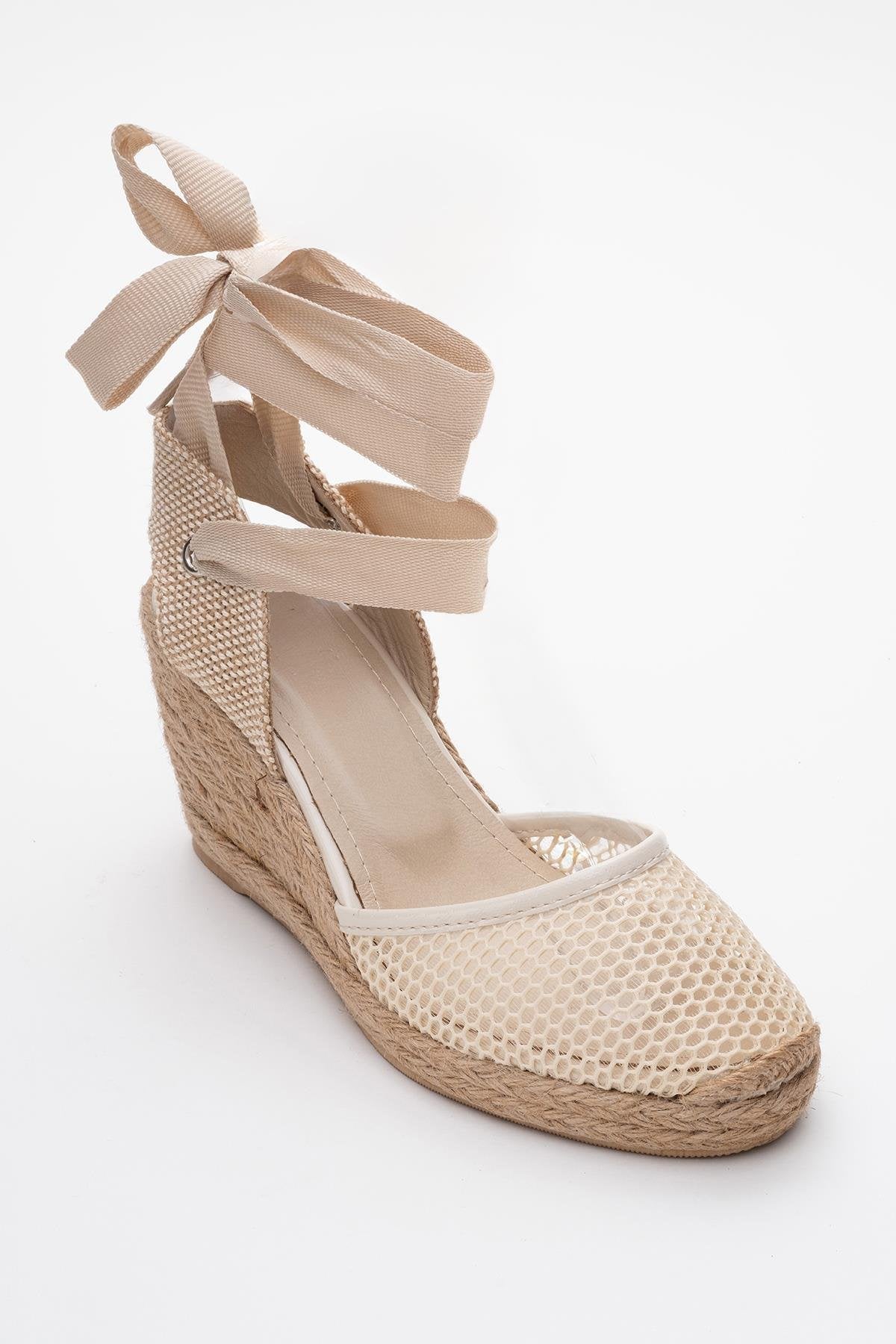 Lions - Beige Mesh Leather Wedge Espadrilles Sandal – detail view showing leather, mesh, Vowalisse