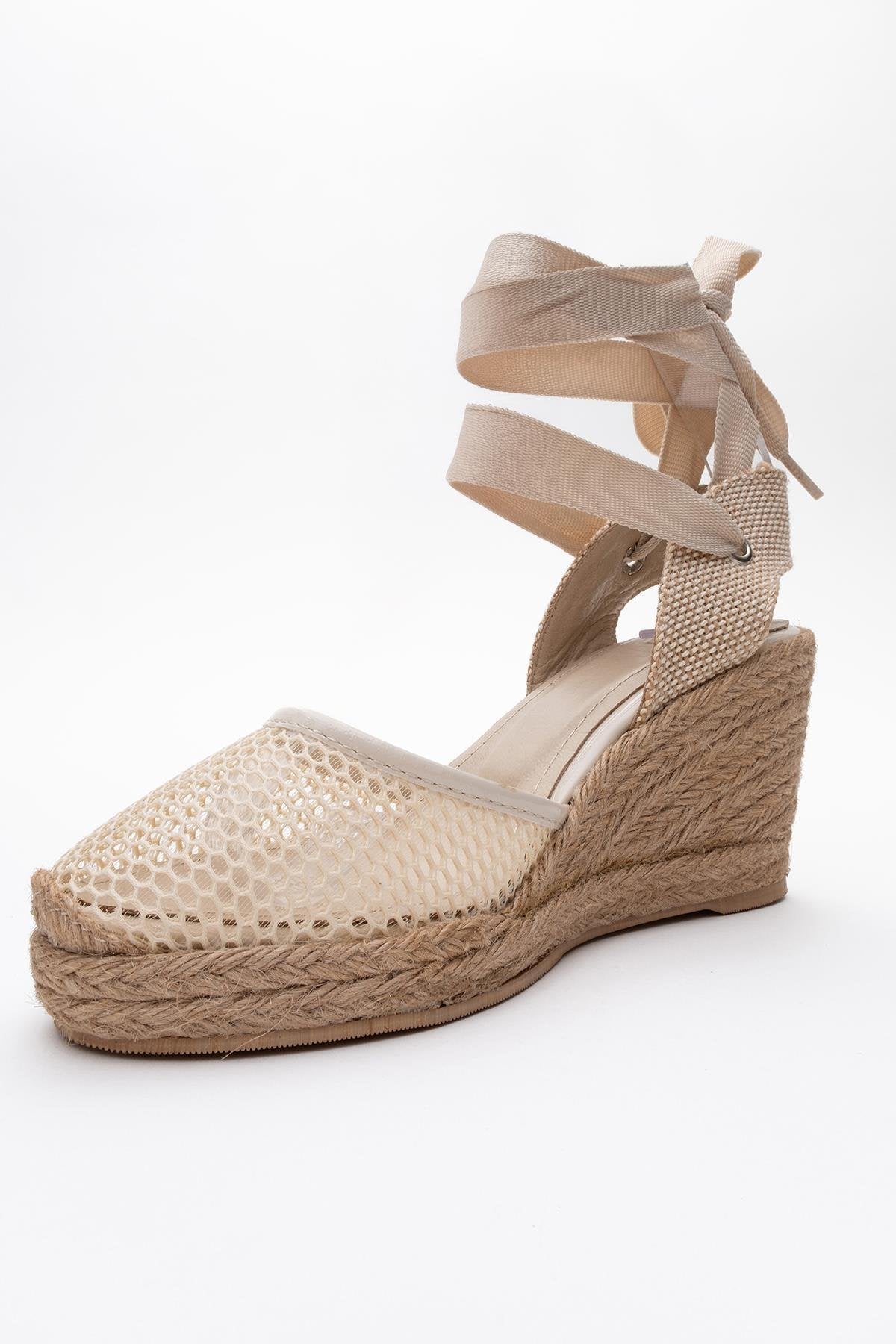 Lions - Beige Mesh Leather Wedge Espadrilles Sandal – heel view showing leather, mesh, Vowalisse