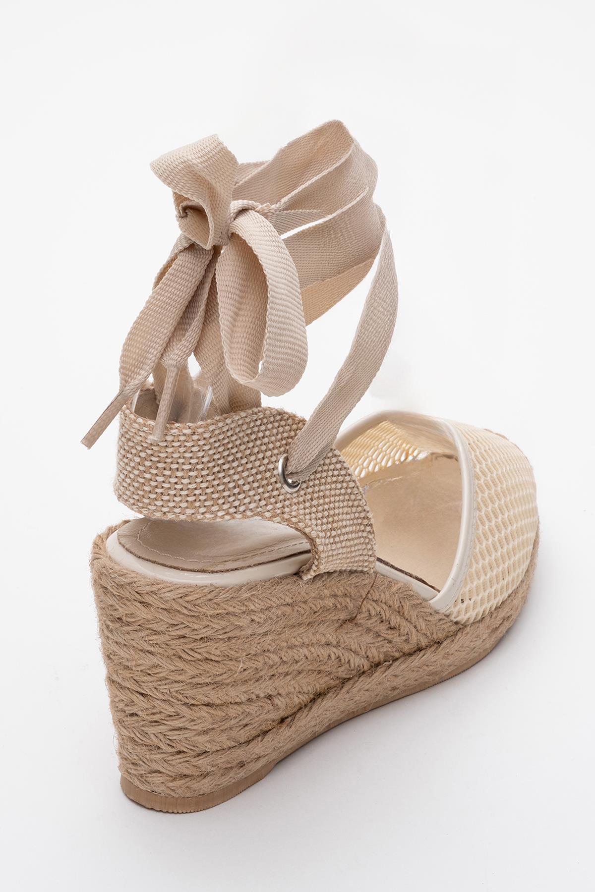 Lions - Beige Mesh Leather Wedge Espadrilles Sandal – back view showing leather, mesh, Vowalisse