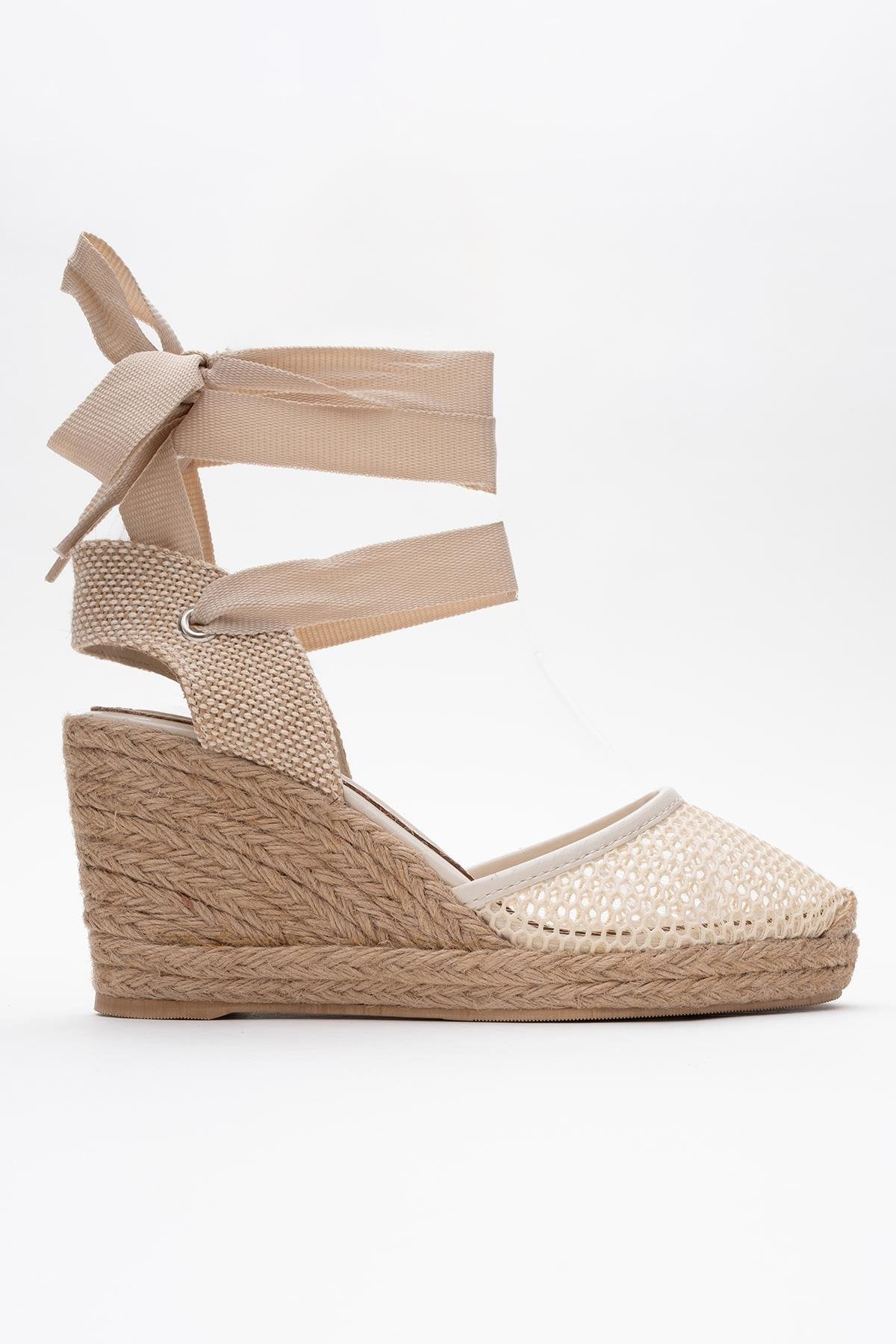 Lions - Beige Mesh Leather Wedge Espadrilles Sandal – top view showing leather, mesh, Vowalisse