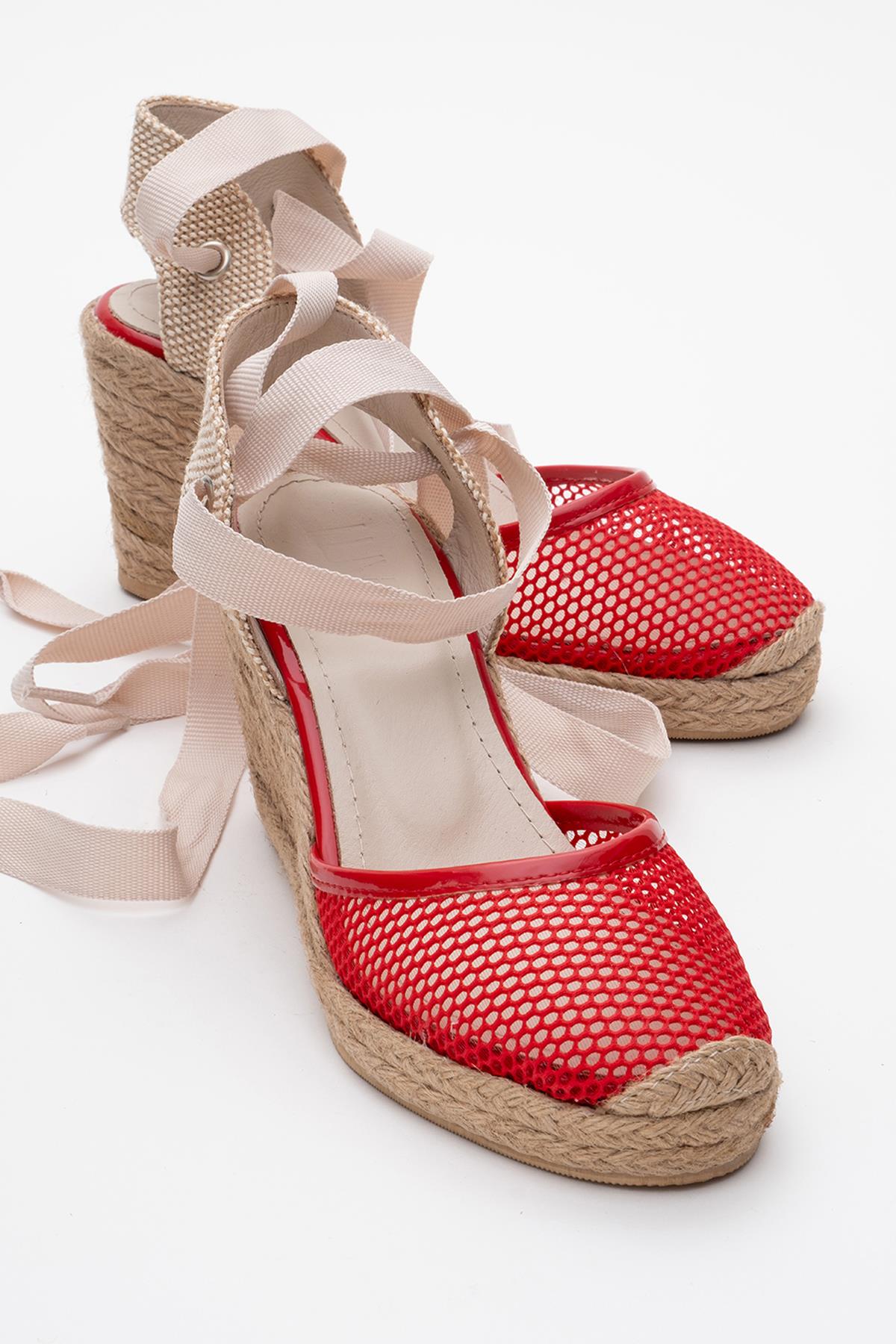 Lions - Red Mesh Leather Wedge Espadrilles Sandal – front three-quarter view showing leather, mesh, red, Vowalisse