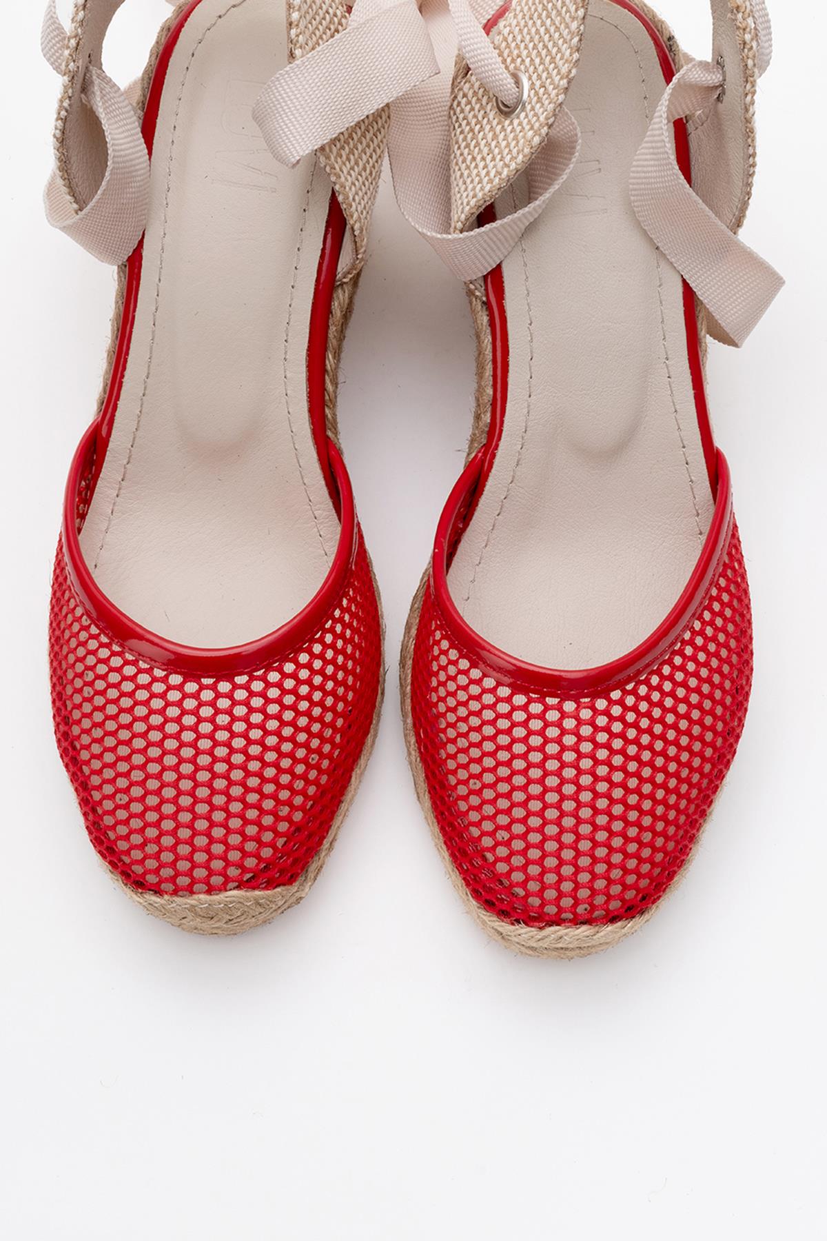 Lions - Red Mesh Leather Wedge Espadrilles Sandal – side view showing leather, mesh, red, Vowalisse