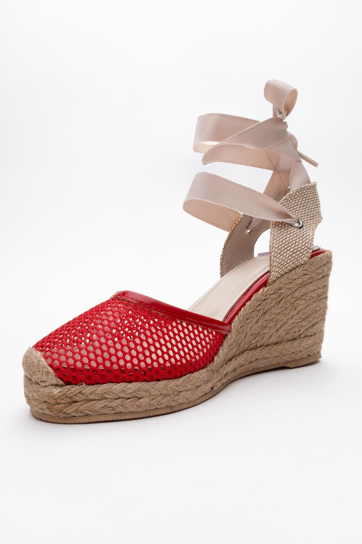 Lions - Red Mesh Leather Wedge Espadrilles Sandal – detail view showing leather, mesh, red, Vowalisse