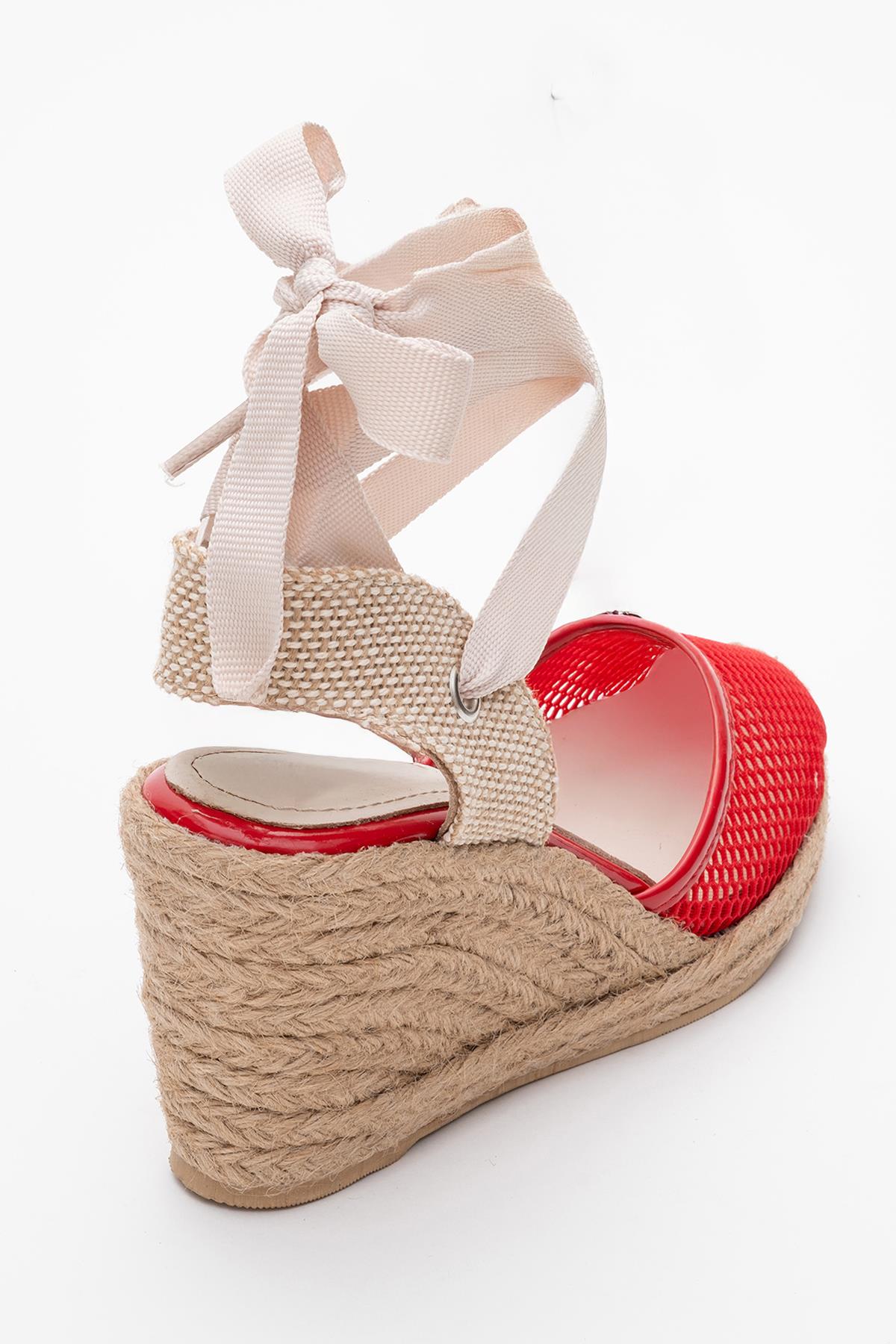Lions - Red Mesh Leather Wedge Espadrilles Sandal – back view showing leather, mesh, red, Vowalisse