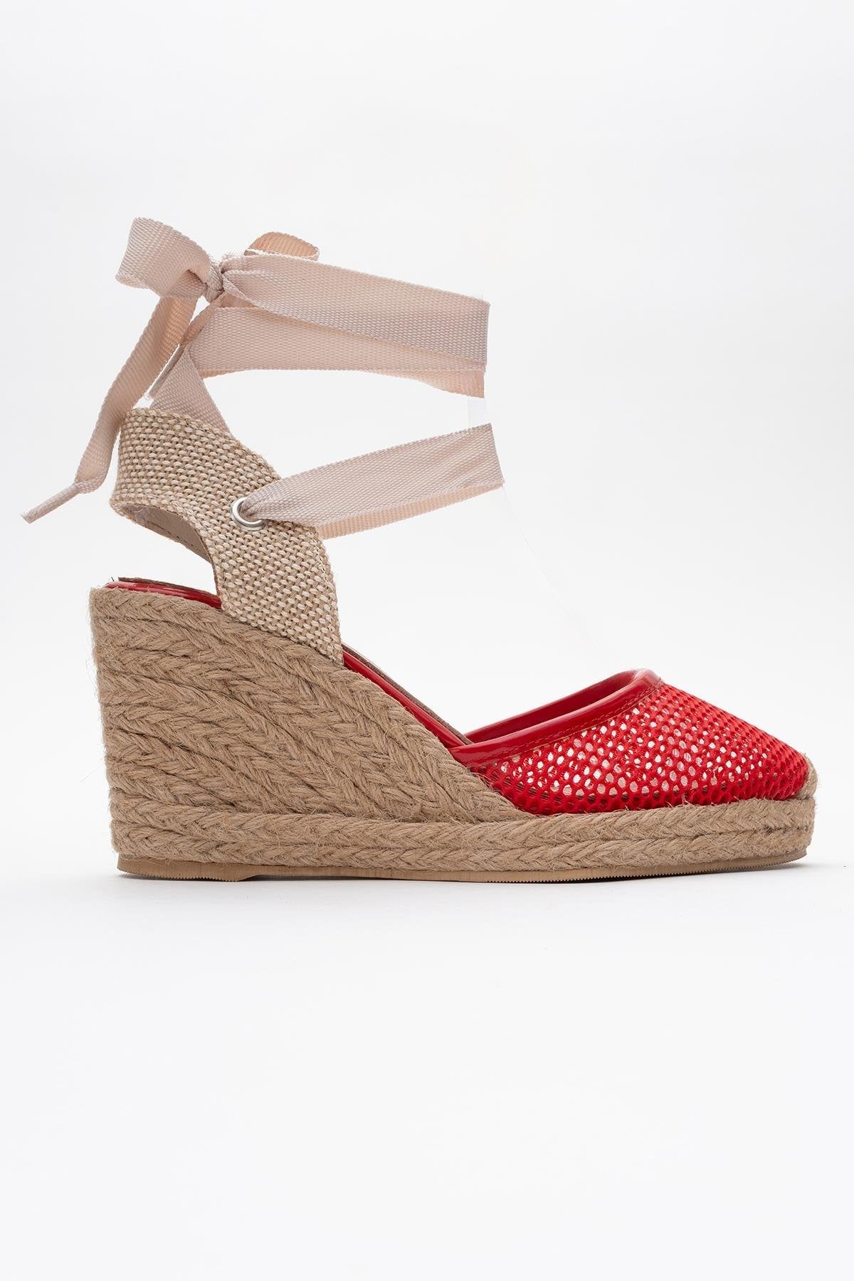 Lions - Red Mesh Leather Wedge Espadrilles Sandal – top view showing leather, mesh, red, Vowalisse