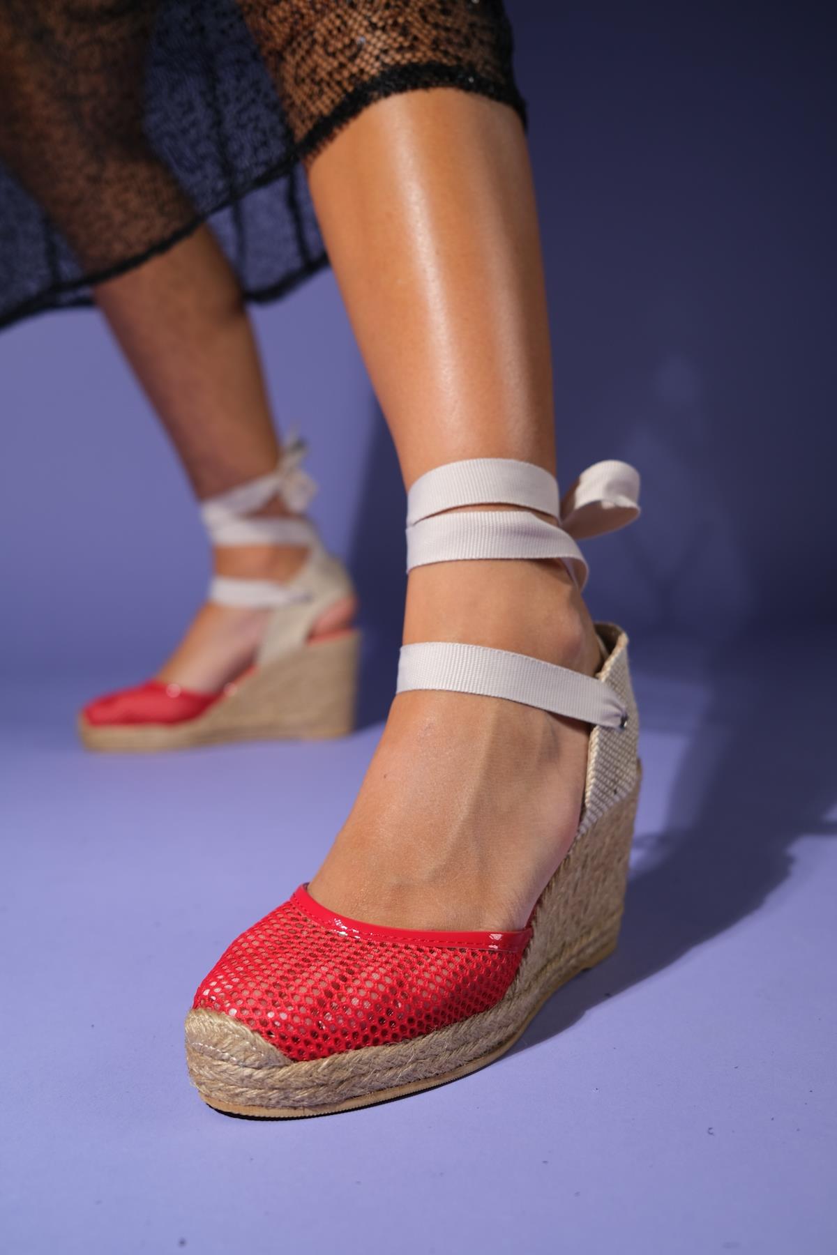 Lions - Red Mesh Leather Wedge Espadrilles Sandal – sole view showing leather, mesh, red, Vowalisse