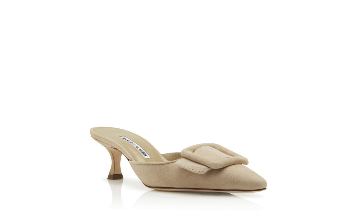 Juliette Belle Neutral Suede Mules – top view showing neutral suede, Vowalisse
