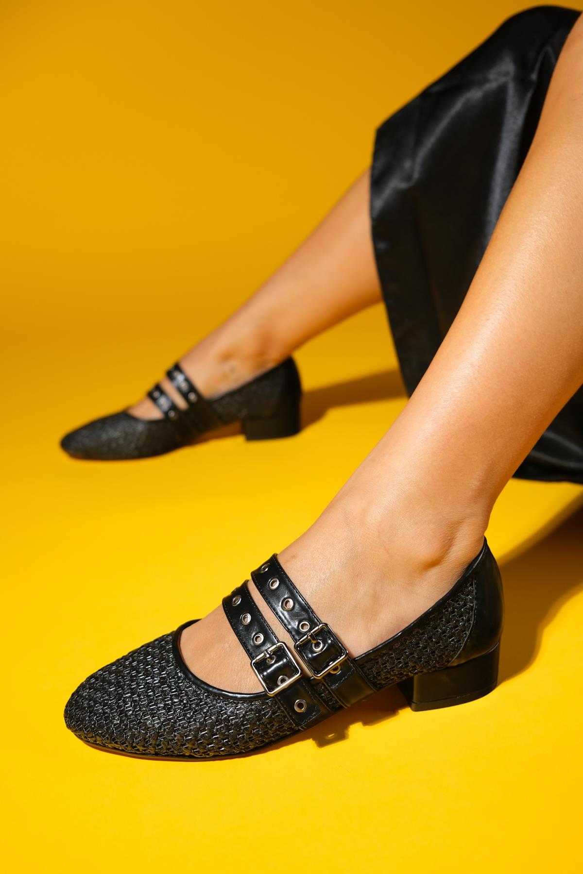 Lapis - Black Woven Low Heel Shoe – front three-quarter view showing leather, black, Vowalisse