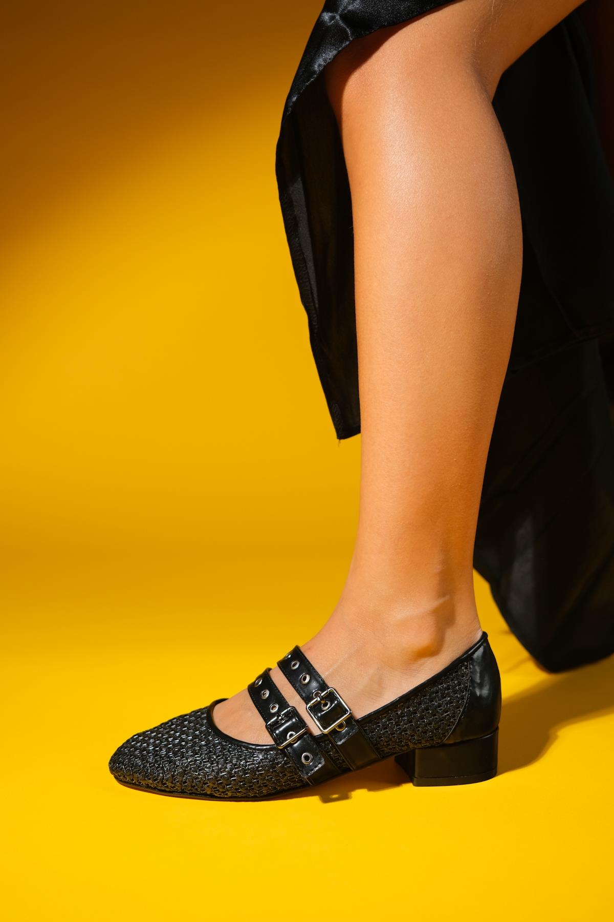 Lapis - Black Woven Low Heel Shoe – detail view showing leather, black, Vowalisse