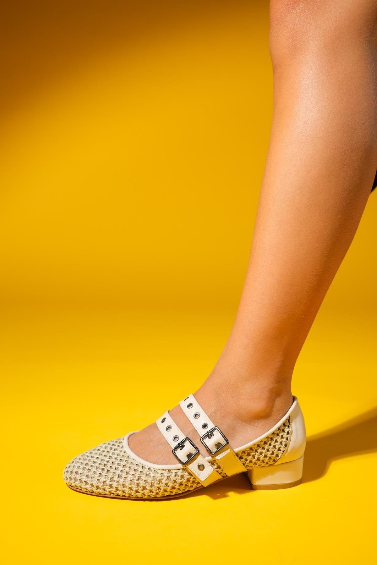 Lapis - Beige Woven Low Heel Shoe – detail view showing leather, Vowalisse