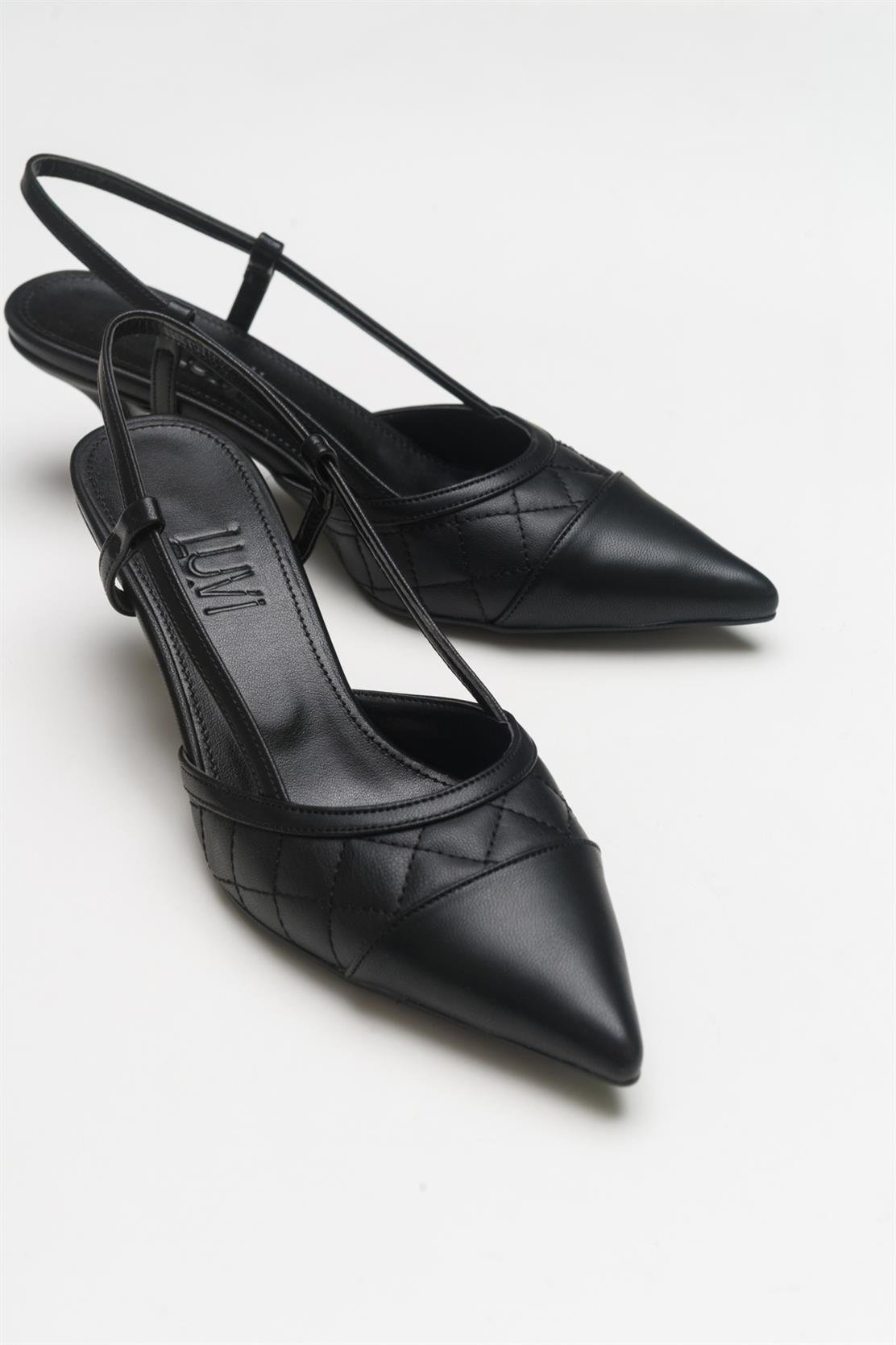 Point - Black Heeled Shoe – front three-quarter view showing leather, black, Vowalisse