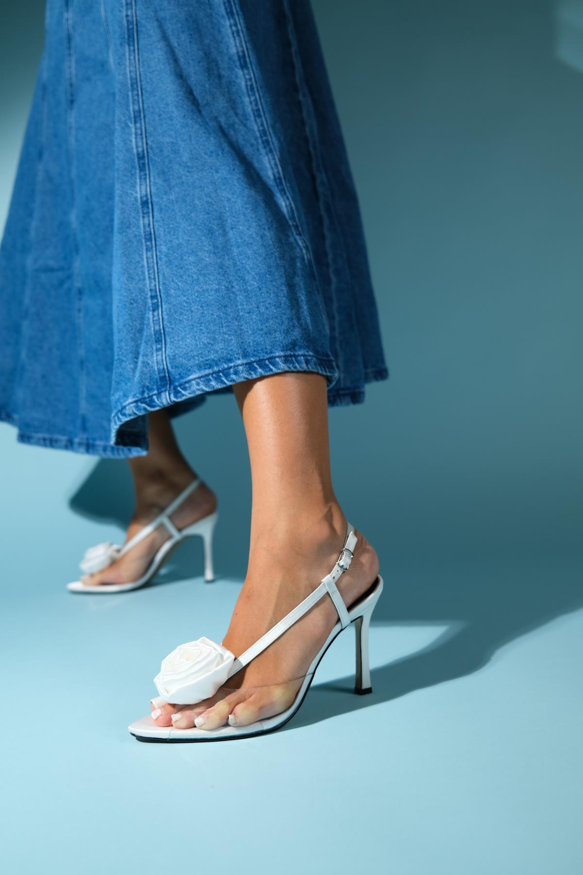 Aisne - White Floral Transparent Thin Heel Shoe – detail view showing satin, leather, white, Vowalisse