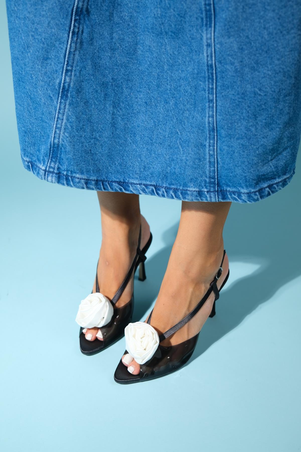 Aisne - Black Floral Transparent Thin Heel Shoe – heel view showing satin, leather, black, Vowalisse