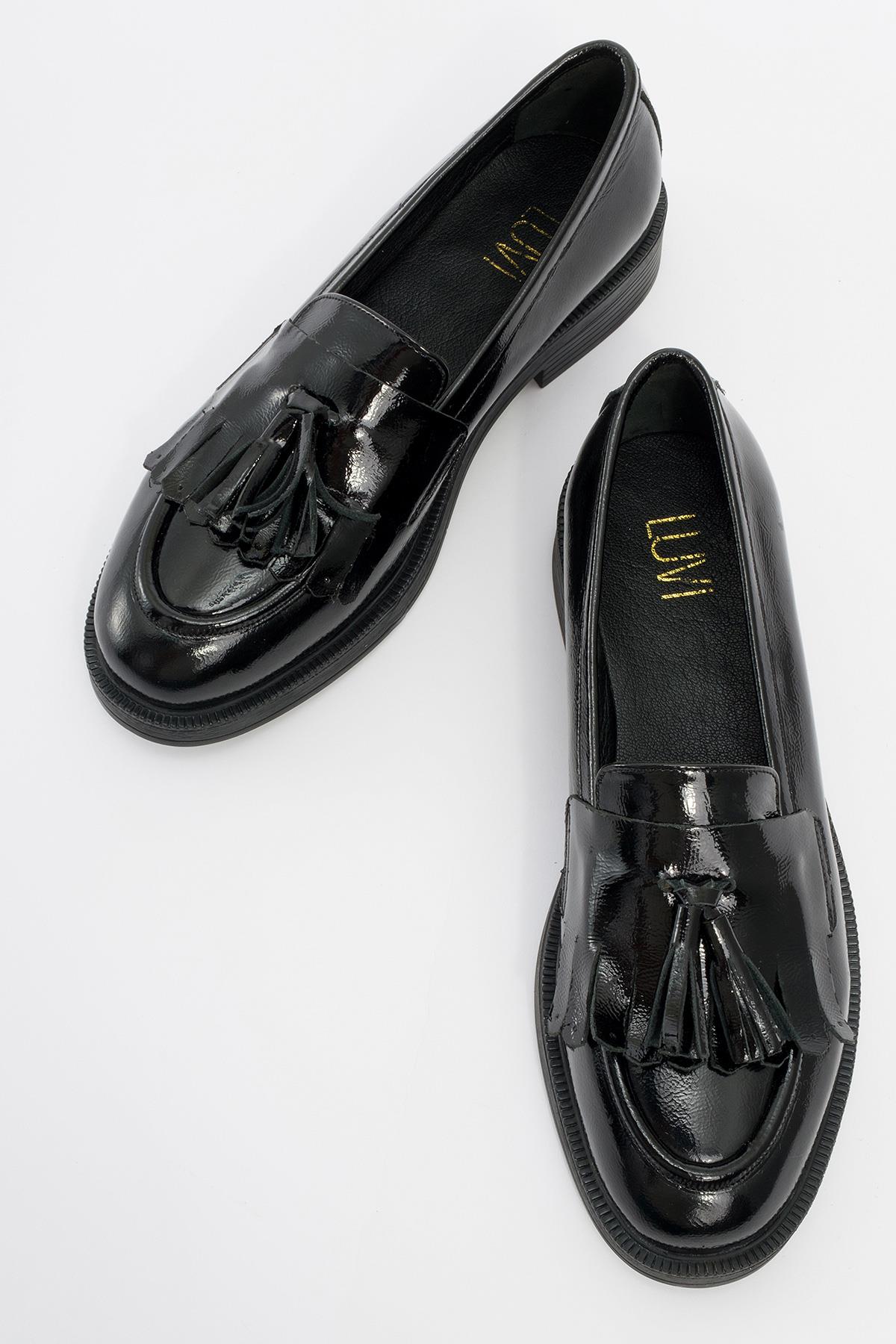 Milly - Black Patent Leather Tassel Loafers – side view showing leather, suede, black, Vowalisse