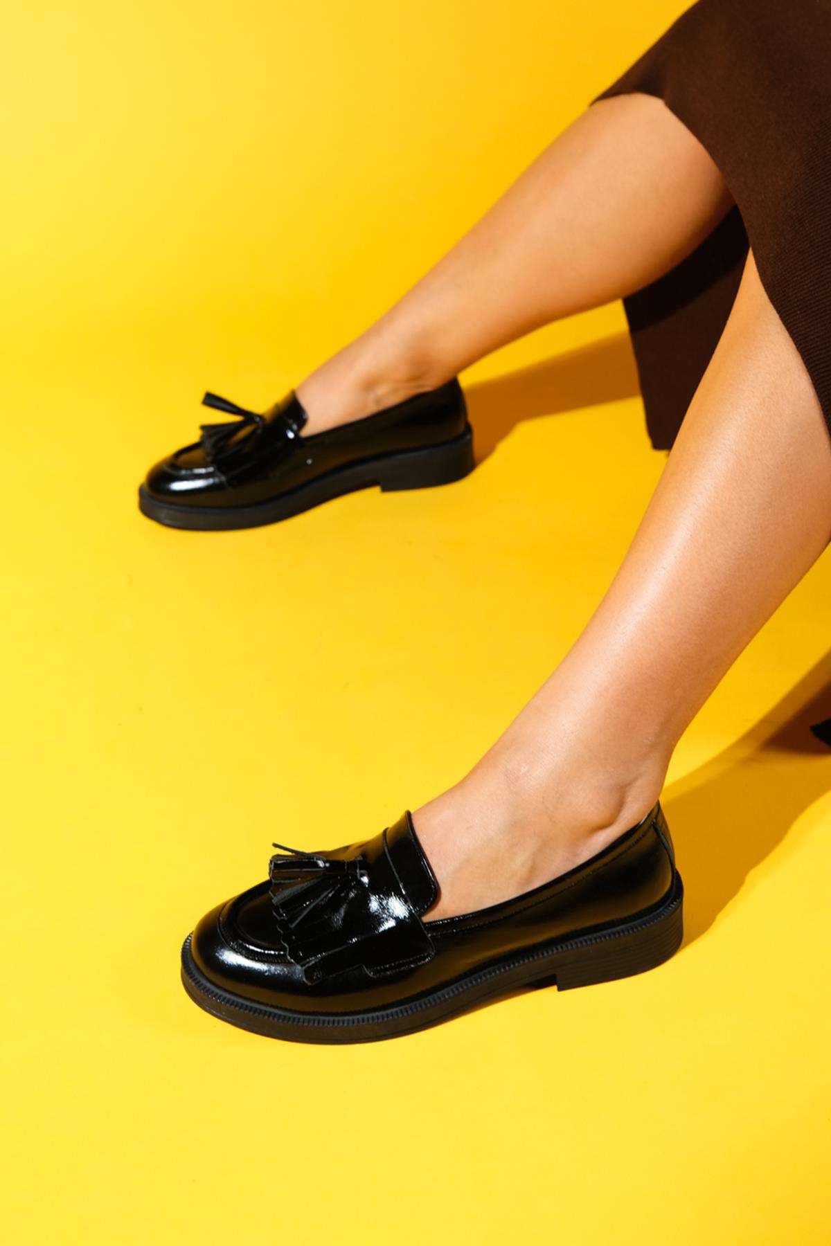 Milly - Black Patent Leather Tassel Loafers – back view showing leather, suede, black, Vowalisse