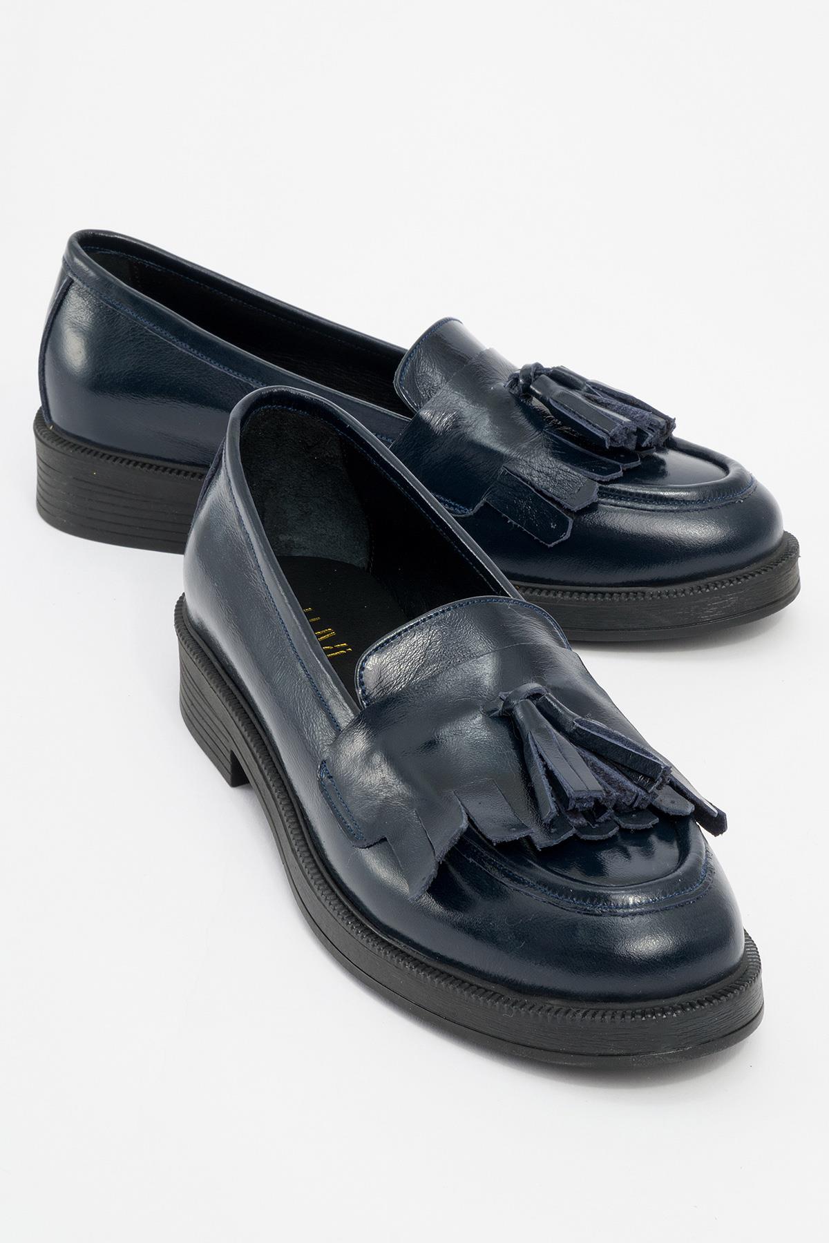 Milly - Navy Patent Leather Tassel Loafers – front three-quarter view showing leather, suede, red, Vowalisse