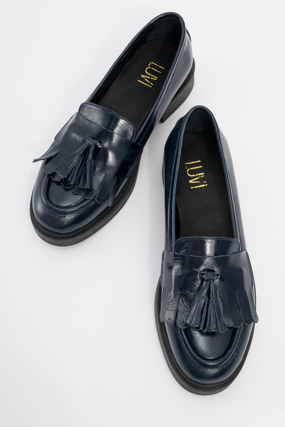 Milly - Navy Patent Leather Tassel Loafers – side view showing leather, suede, red, Vowalisse