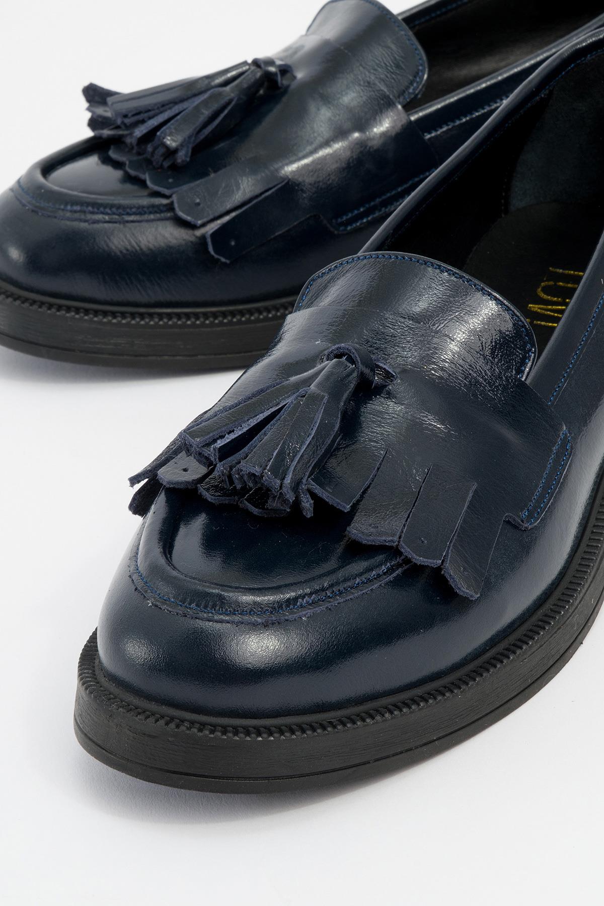 Milly - Navy Patent Leather Tassel Loafers – detail view showing leather, suede, red, Vowalisse