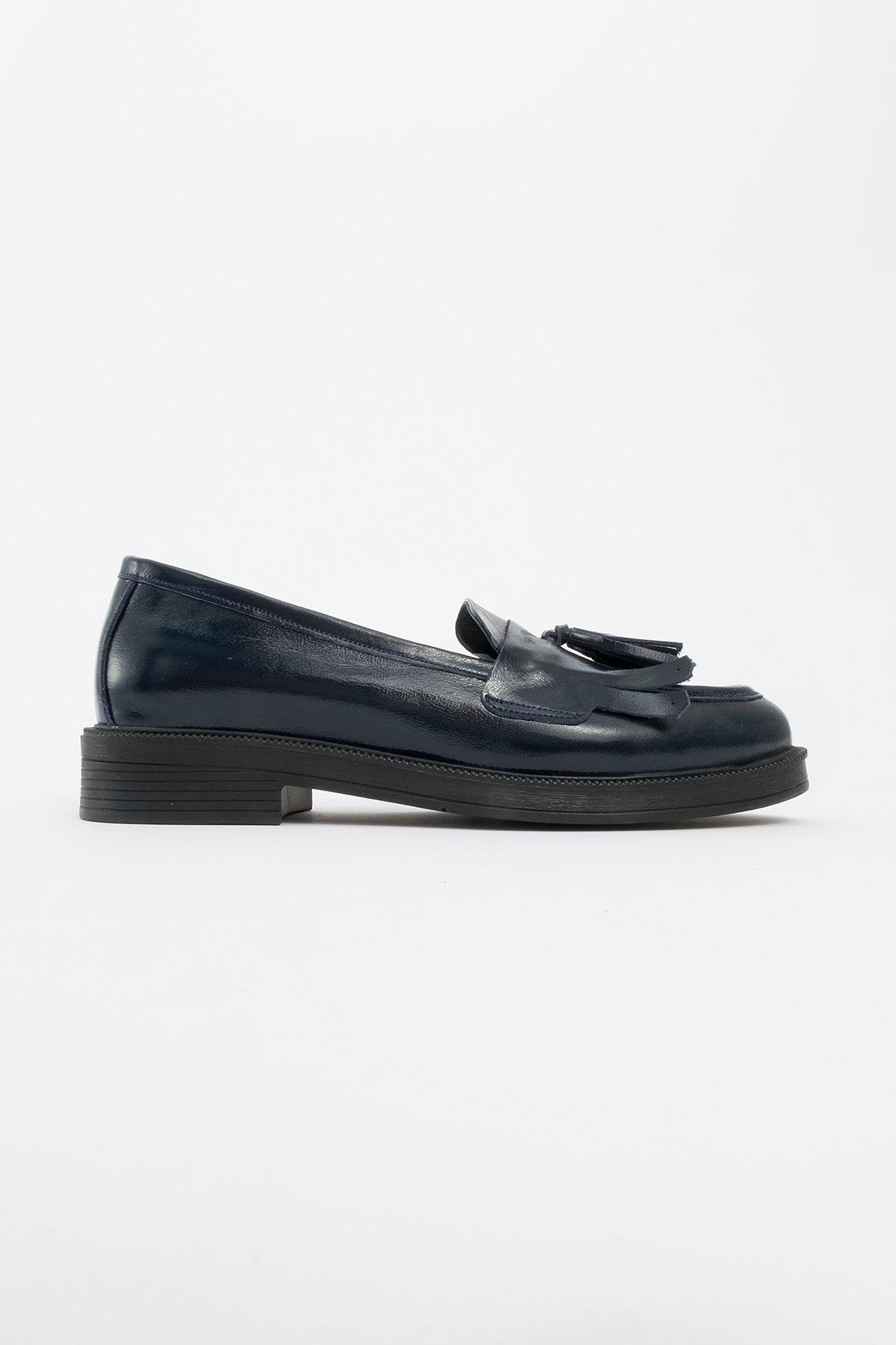 Milly - Navy Patent Leather Tassel Loafers – heel view showing leather, suede, red, Vowalisse