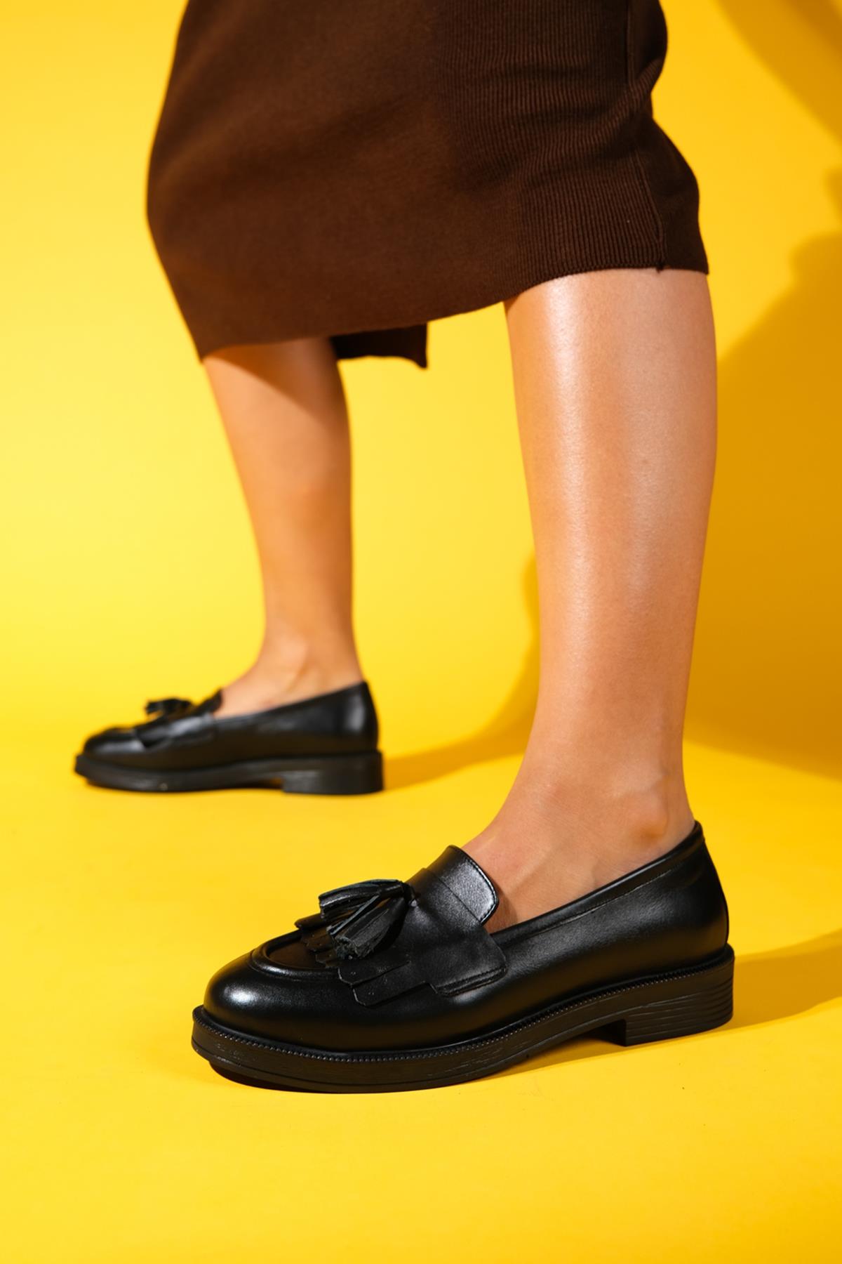 Milly - Black Leather Tassel Loafers – back view showing leather, suede, black, Vowalisse