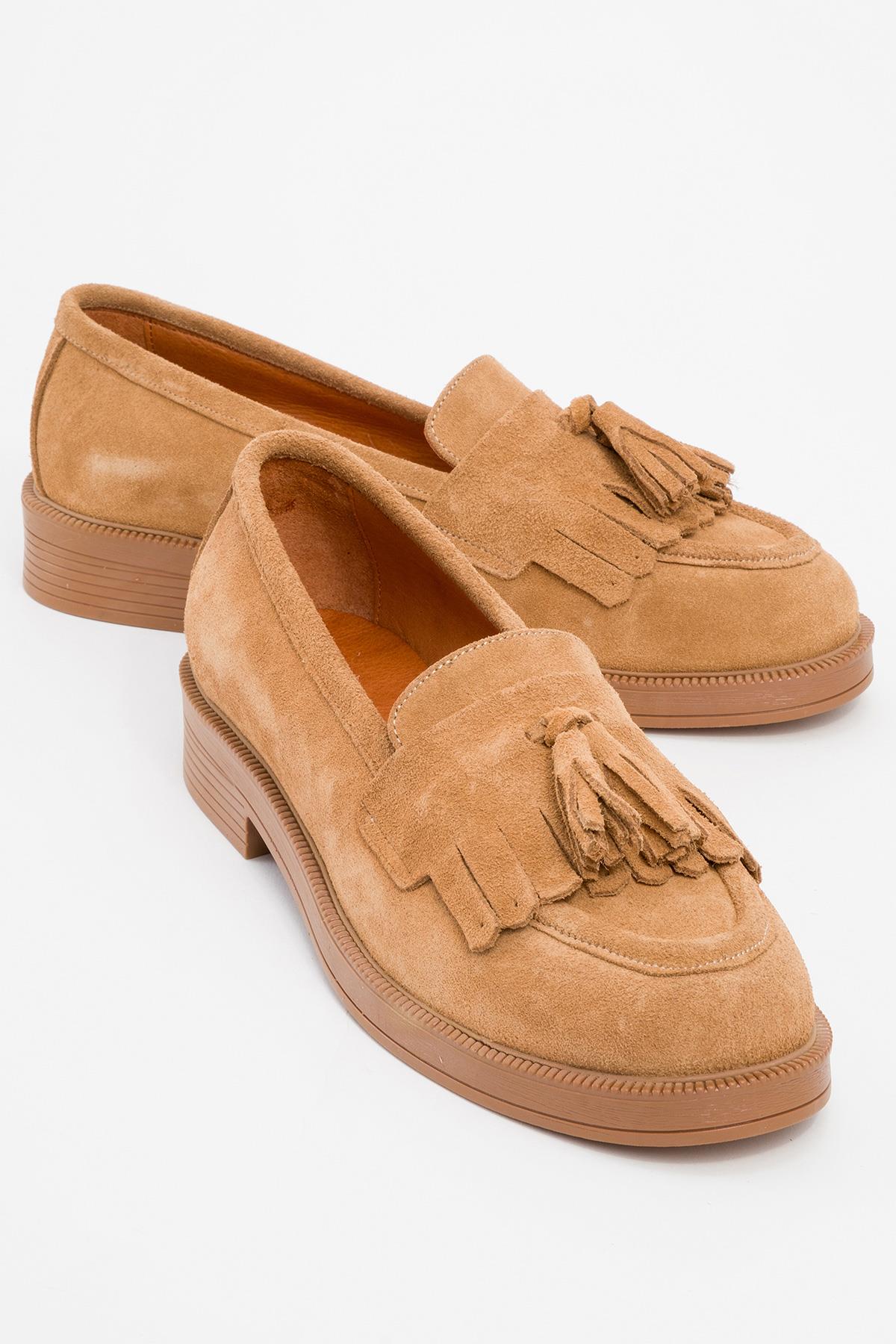 Milly - Cognac Brown Suede Leather Tassel Loafers – front three-quarter view showing leather, suede, red, Vowalisse