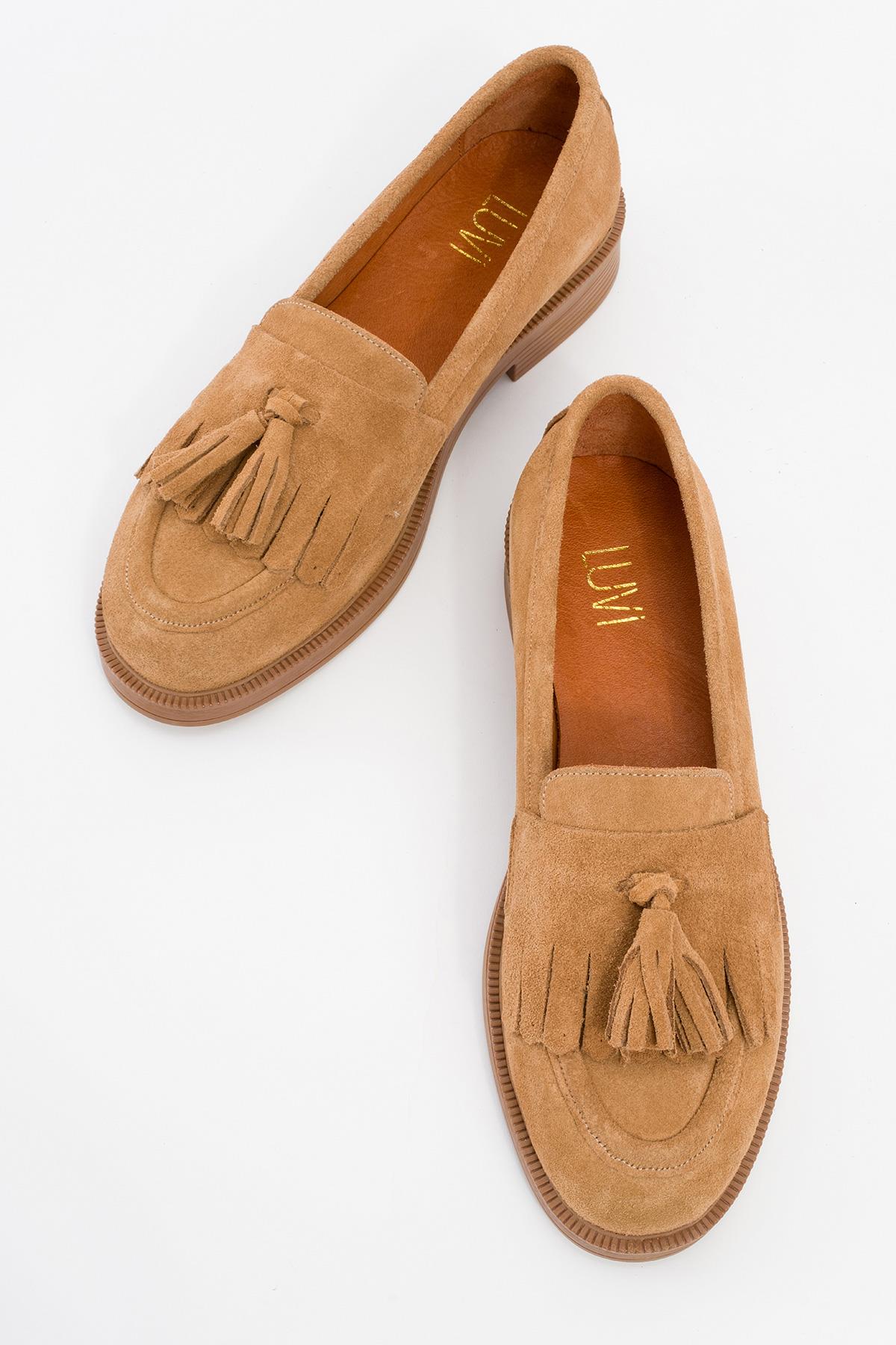 Milly - Cognac Brown Suede Leather Tassel Loafers – side view showing leather, suede, red, Vowalisse