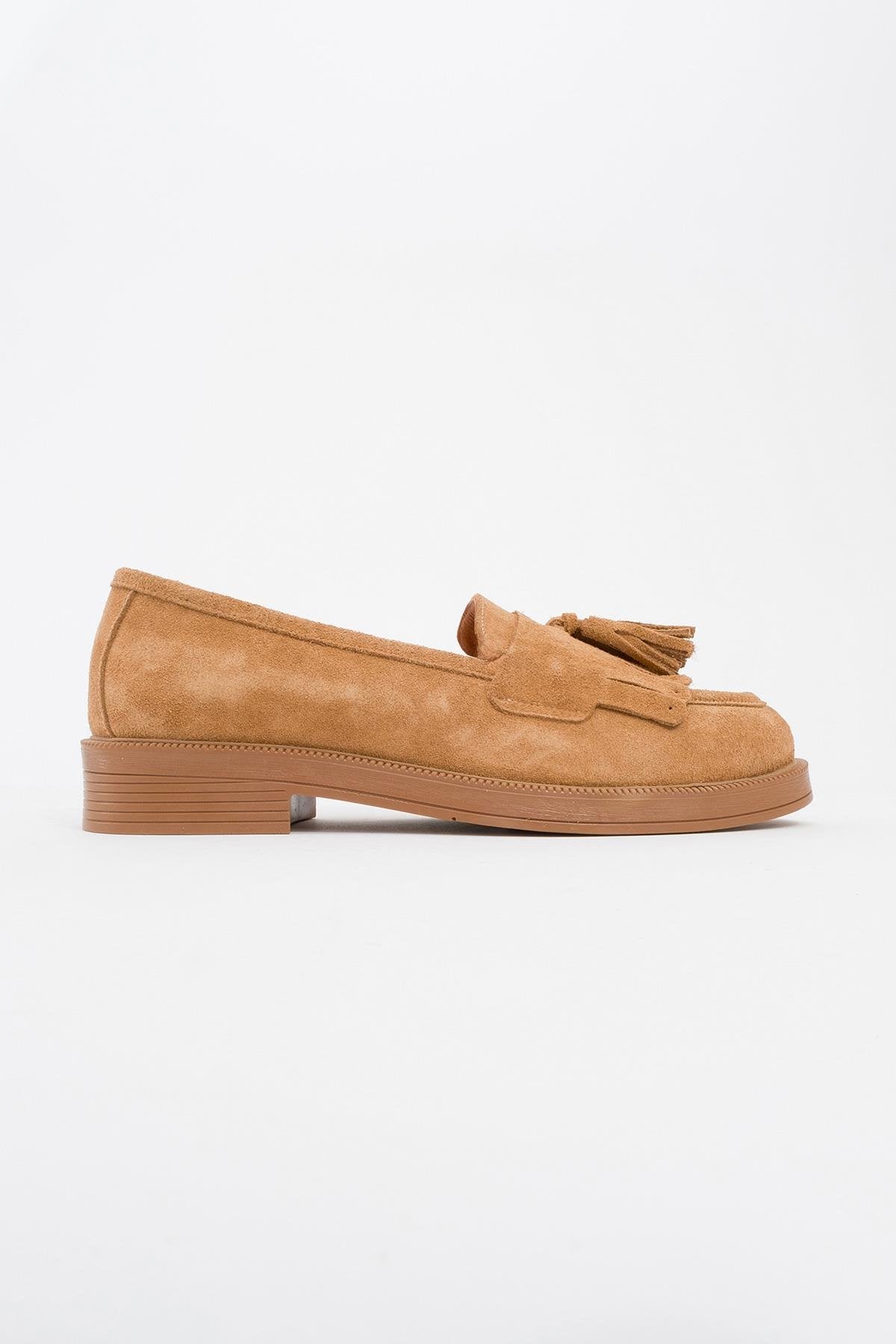 Milly - Cognac Brown Suede Leather Tassel Loafers – heel view showing leather, suede, red, Vowalisse