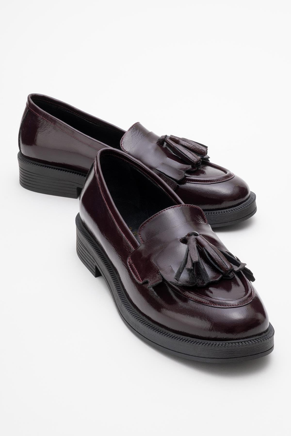 Milly - Burgundy Patent Leather Tassel Loafers – front three-quarter view showing leather, suede, red, Vowalisse