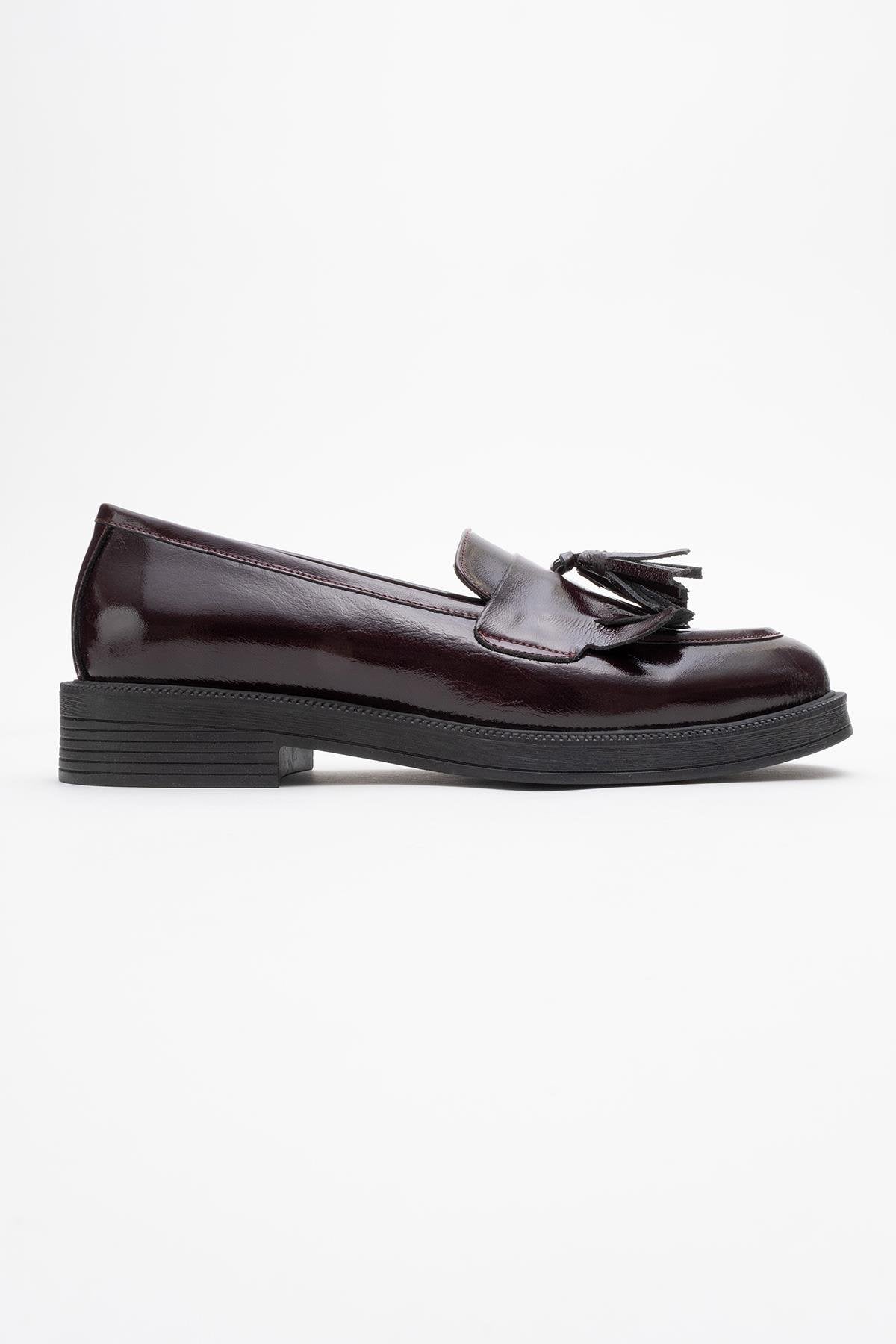 Milly - Burgundy Patent Leather Tassel Loafers – back view showing leather, suede, red, Vowalisse