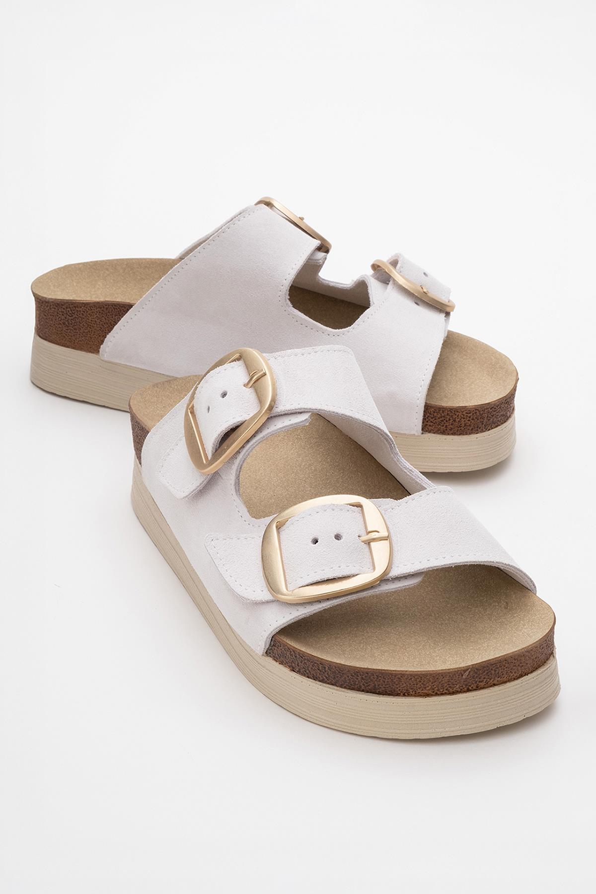 Harbor - White Suede Leather Two-Strap Sandal – front three-quarter view showing leather, suede, white, Vowalisse